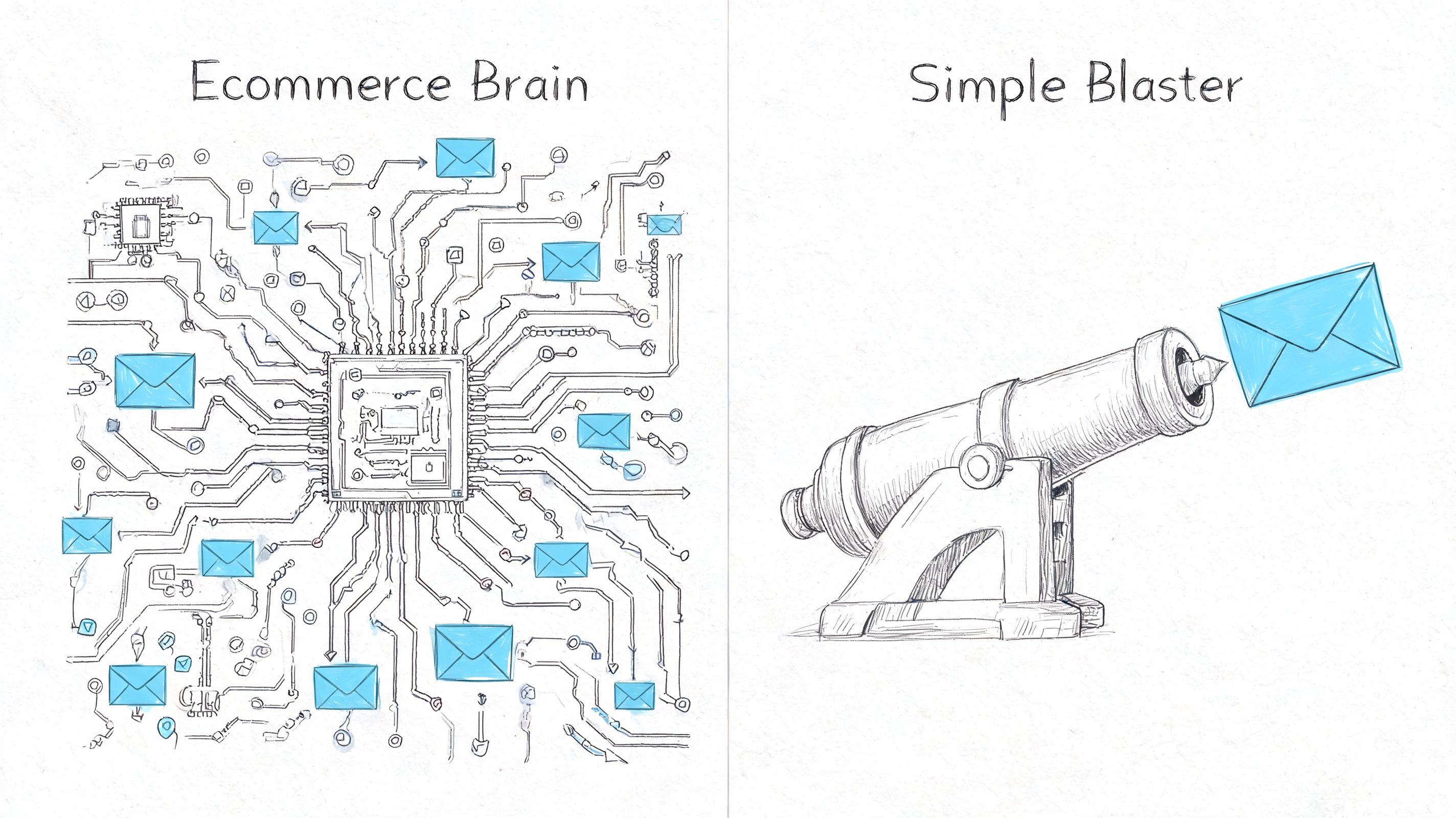 A conceptual illustration comparing a complex Ecommerce Brain circuit board to a simple email cannon blaster.