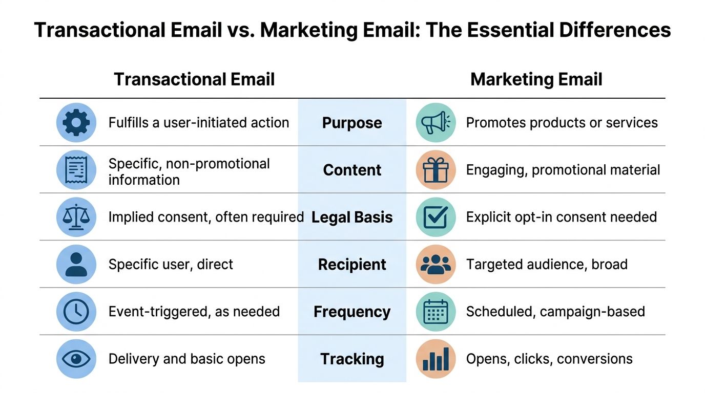 A comparison chart outlining the key differences between transactional emails and marketing emails across various categories.