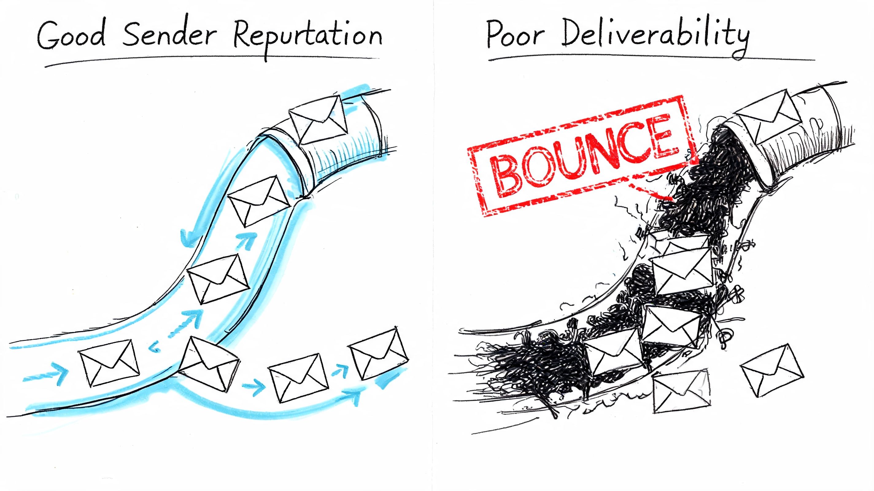 A conceptual drawing comparing smooth email delivery versus blocked emails causing bounces due to poor reputation.