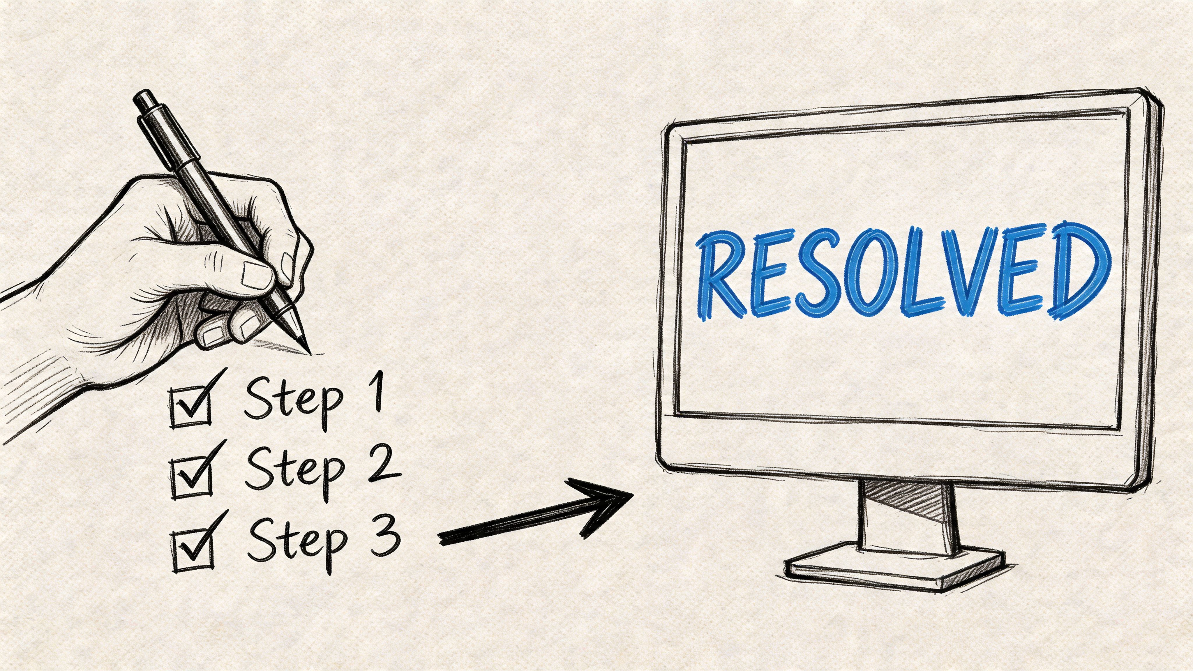 A hand checking off three completed steps on a list, pointing to a screen displaying the word Resolved.