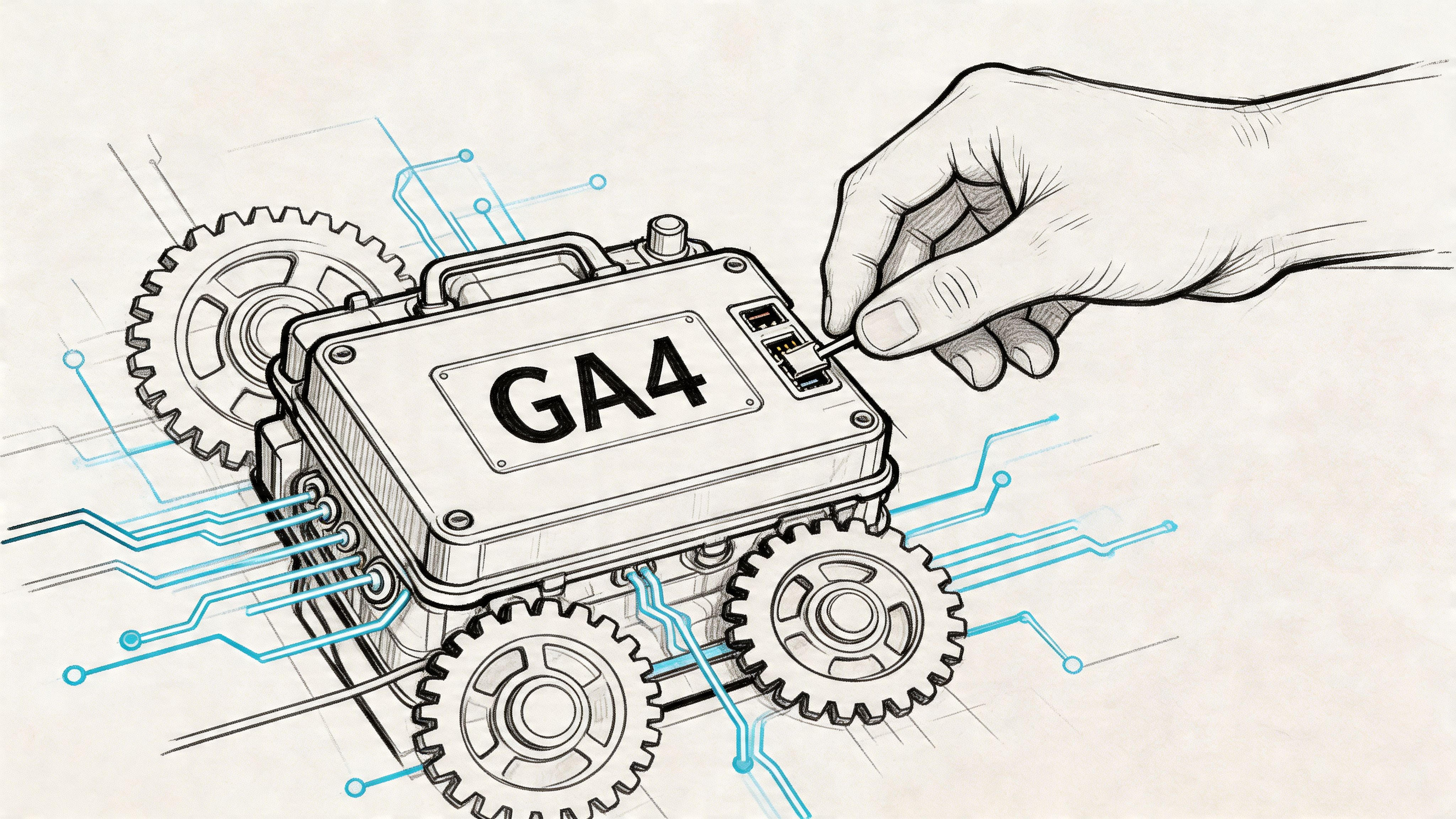 A hand connecting a component to a technical device labeled GA4, surrounded by gears and digital circuits.