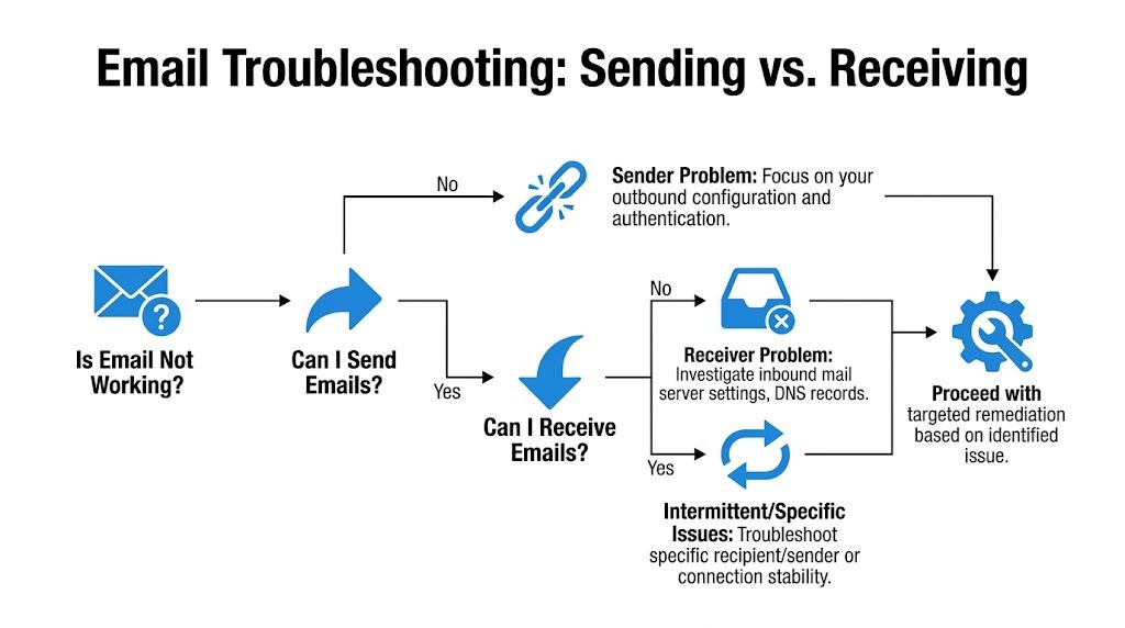 A flowchart titled Email Troubleshooting showing the decision process for fixing sending and receiving email issues.