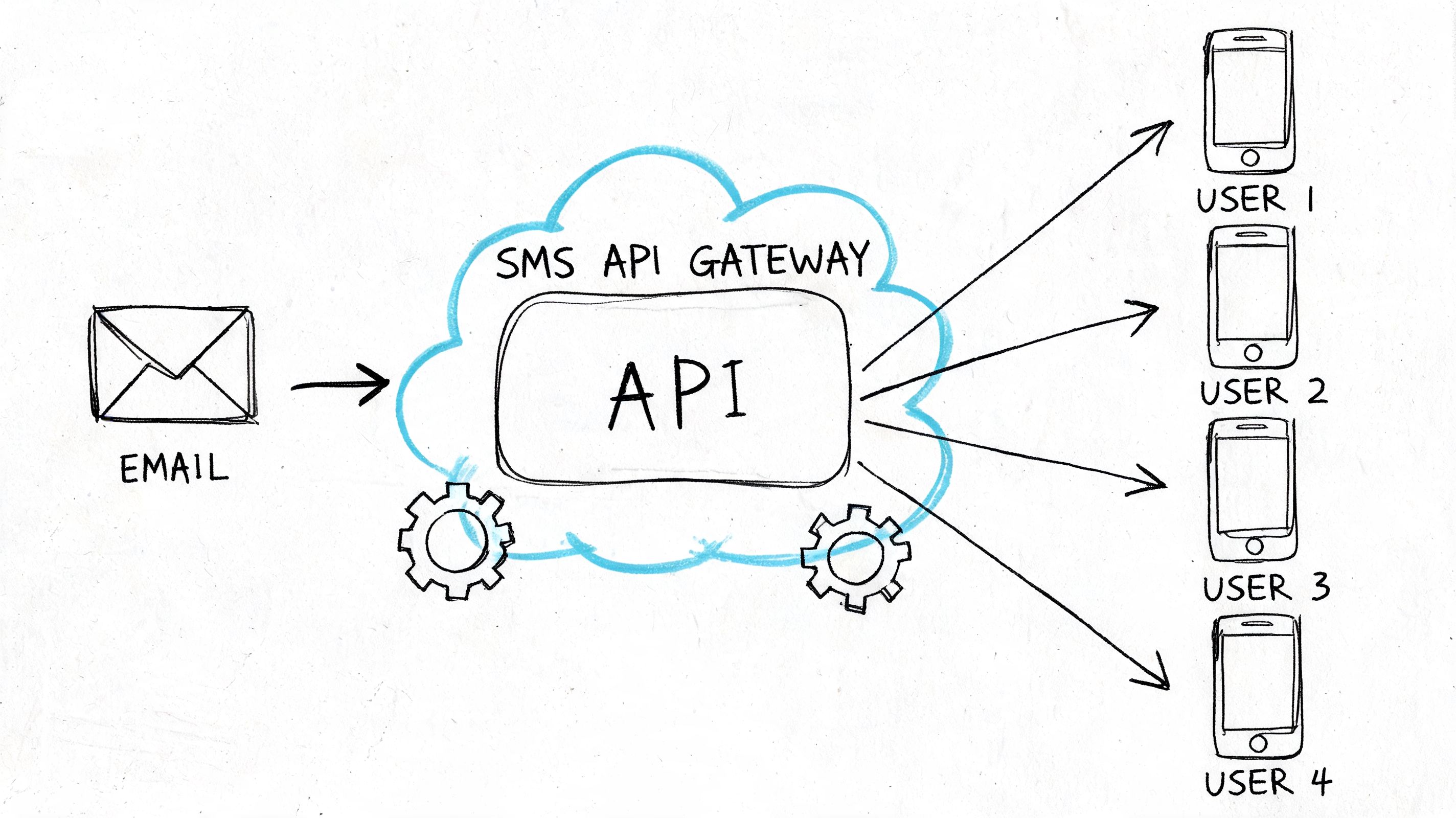A diagram illustrating the process of converting email messages into SMS text messages via an API gateway.