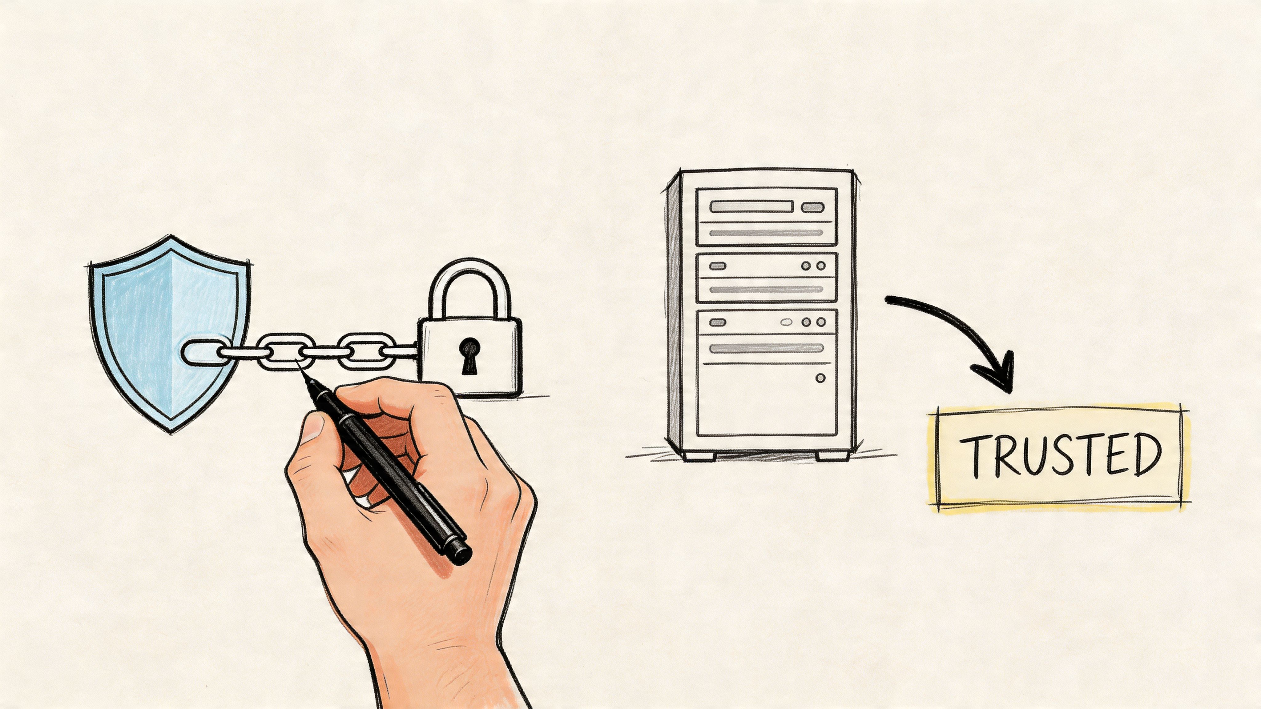 A hand drawing a security shield connected by a chain to a padlock next to a server.