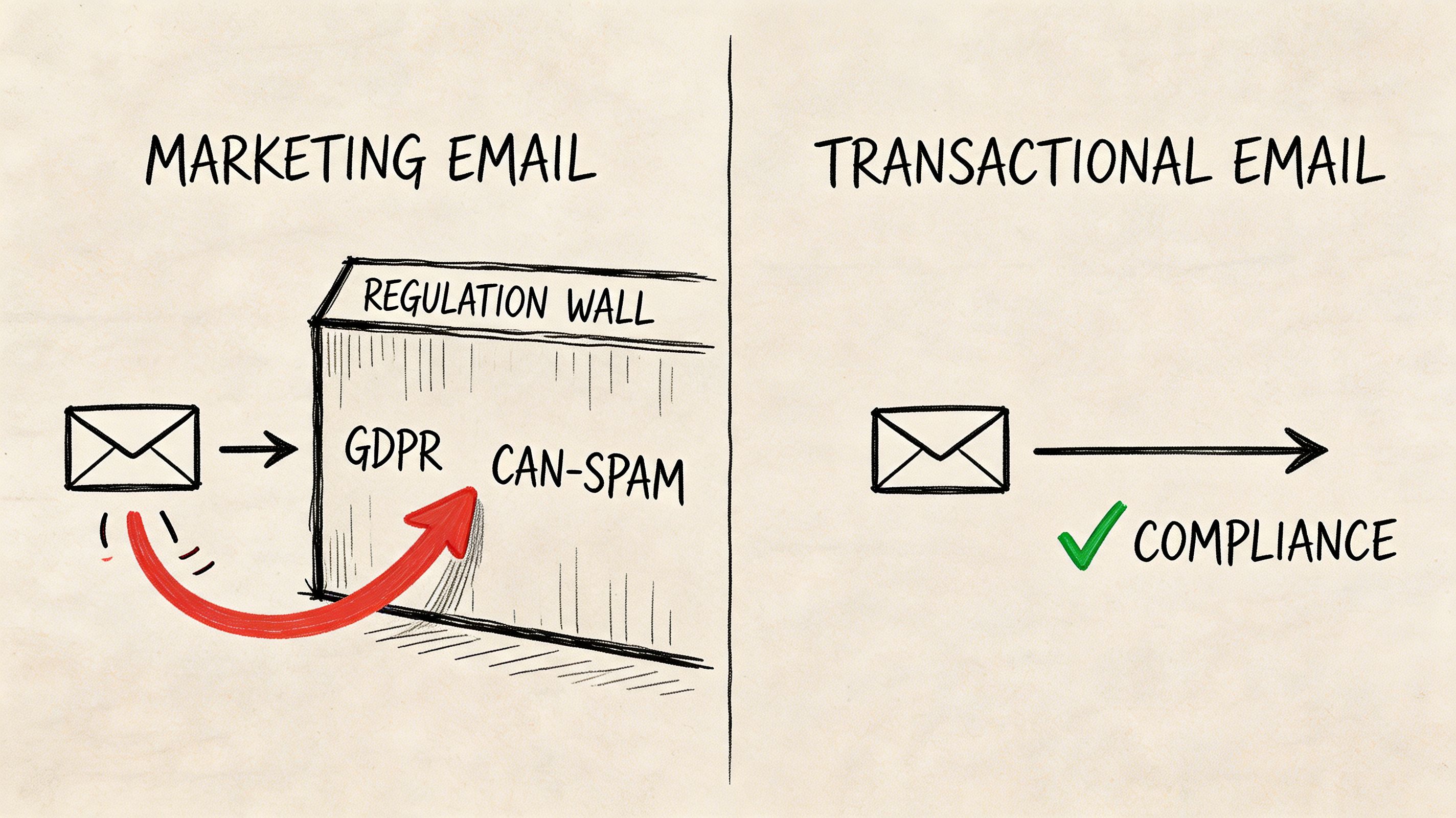 A hand-drawn illustration comparing marketing emails facing regulation barriers versus compliant transactional emails in business communications.