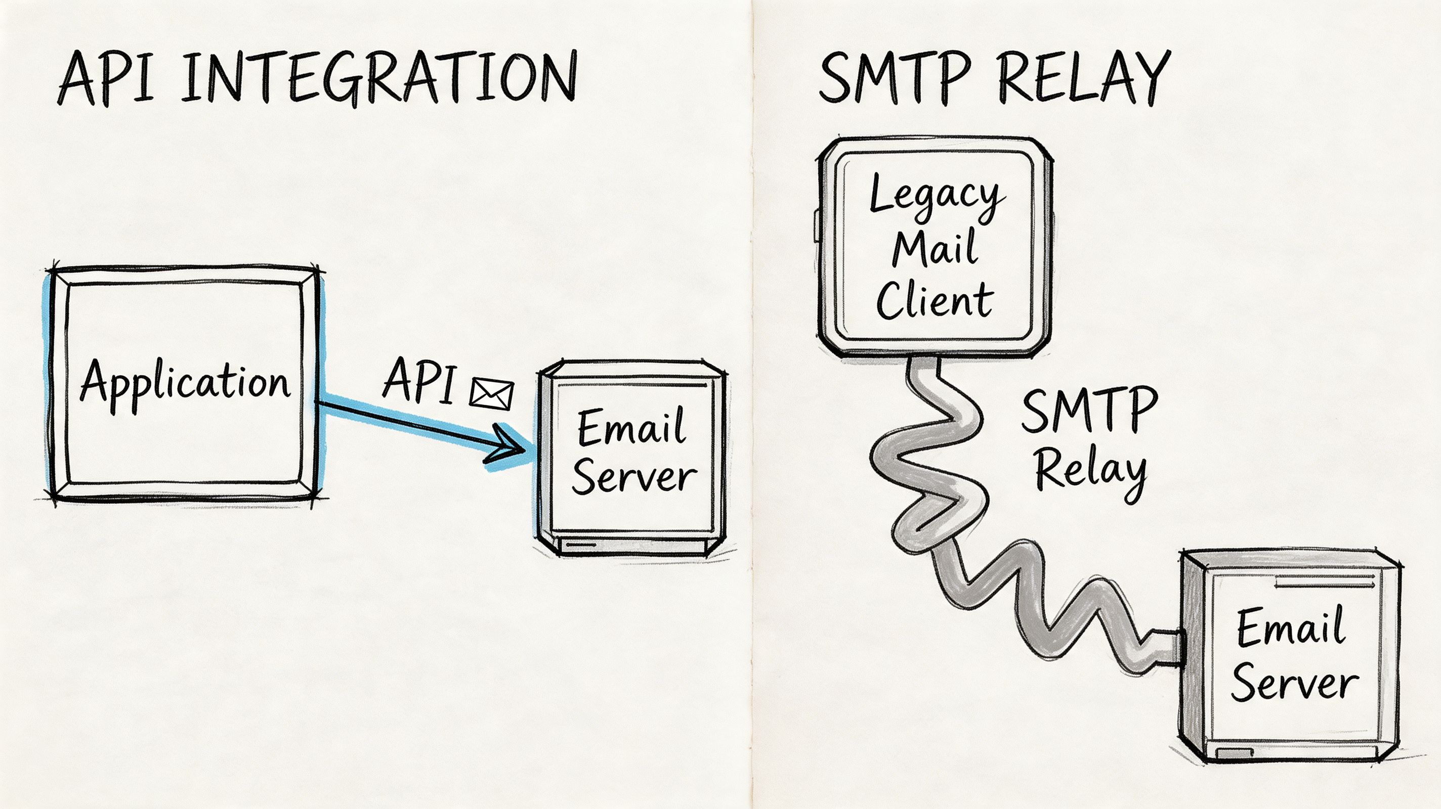 A hand-drawn diagram illustrating the differences between API integration and SMTP relay for email transmission.
