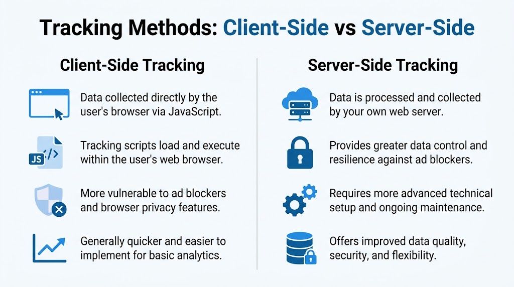 A comparison chart explaining the differences between client-side and server-side tracking methods for website data collection.