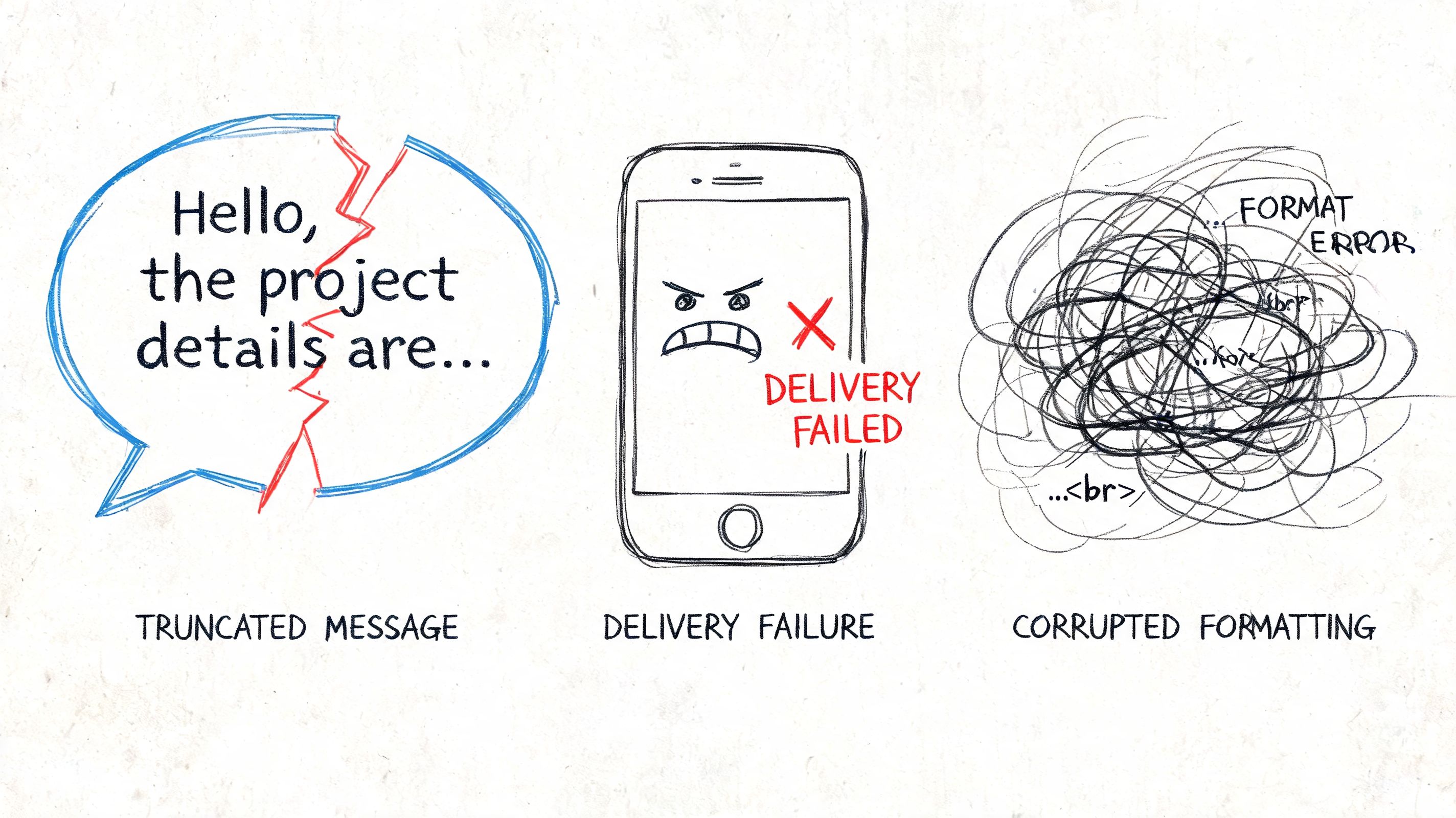 A hand-drawn illustration showing three common communication problems: truncated messages, delivery failures, and corrupted formatting.
