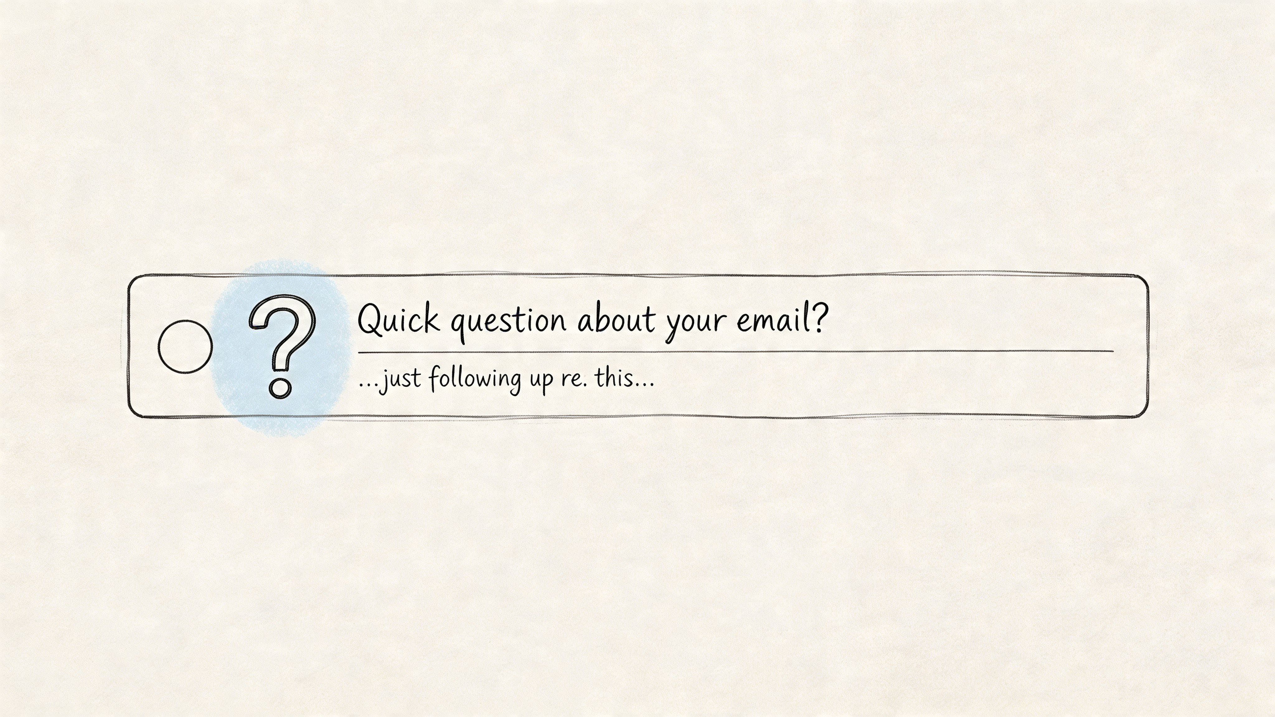A hand-drawn style icon of a question mark inside a rectangle representing a follow-up email subject line.