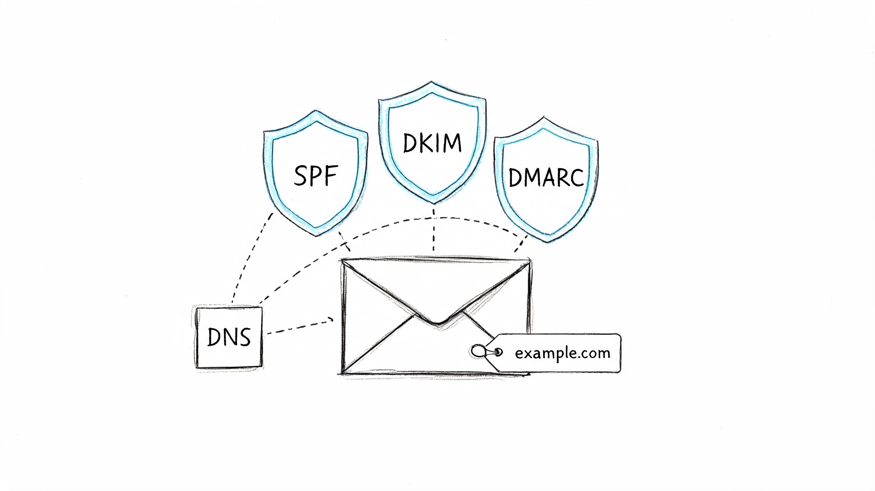 A hand-drawn illustration showing the relationship between DNS, SPF, DKIM, DMARC, and email domain security.