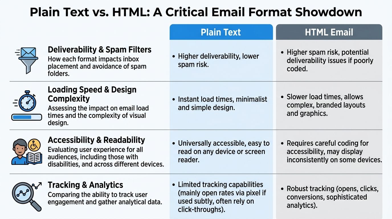A comparison table outlining the key differences between plain text and HTML email formats for marketing.