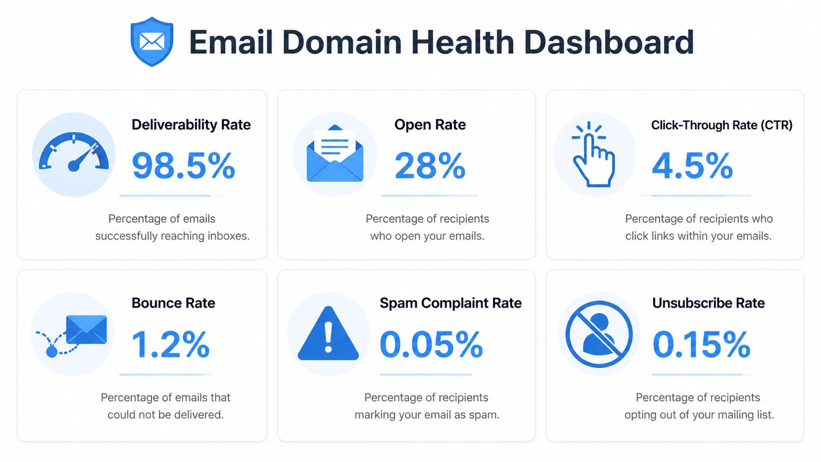 Email Domain Health Dashboard showing metrics for deliverability, open rates, CTR, bounce rates, spam complaints, and unsubscribes.