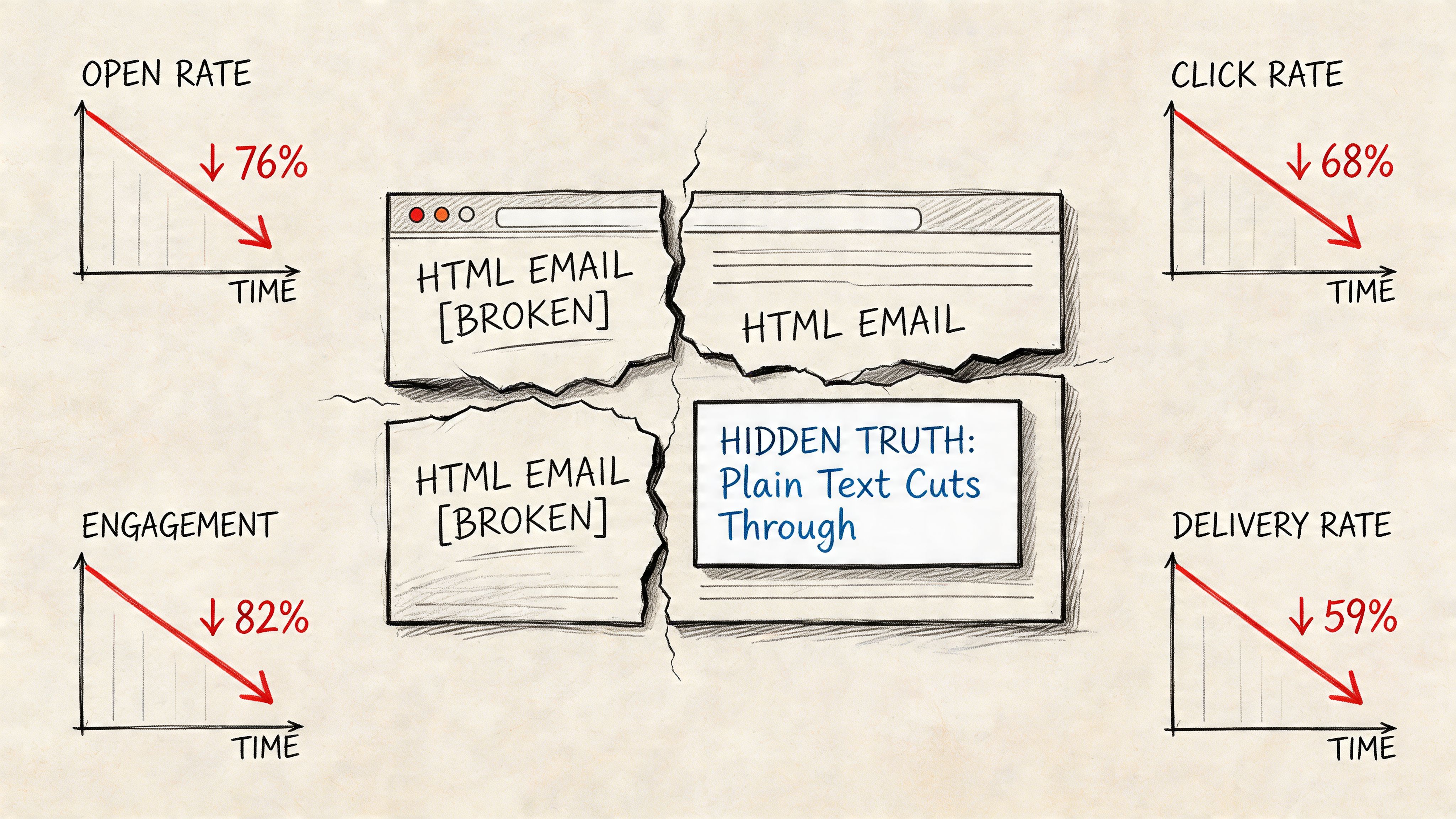 A conceptual diagram showing HTML email performance declining while suggesting plain text emails are more effective.
