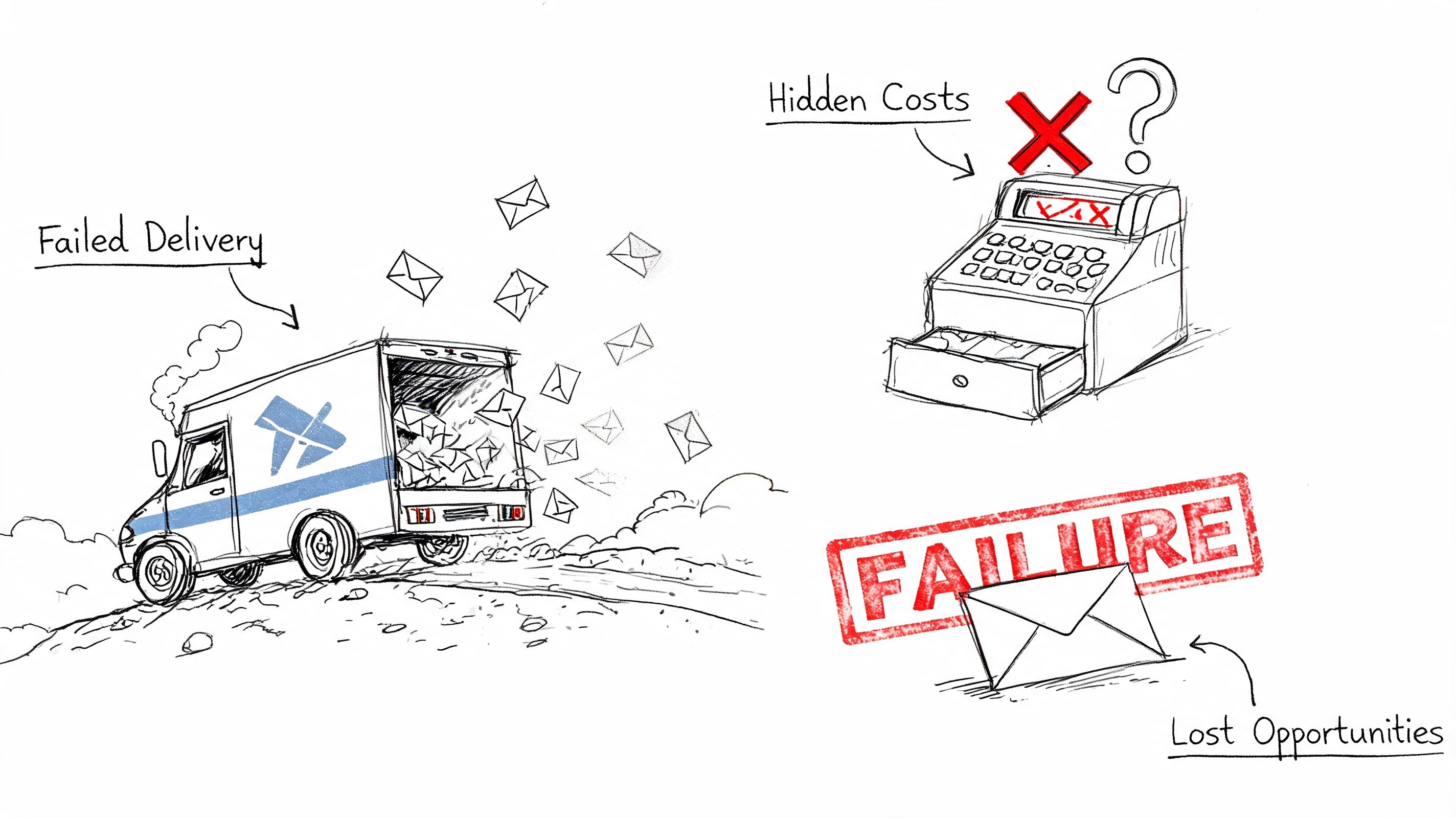 A hand-drawn illustration depicting failed email delivery causing hidden costs and lost business opportunities.