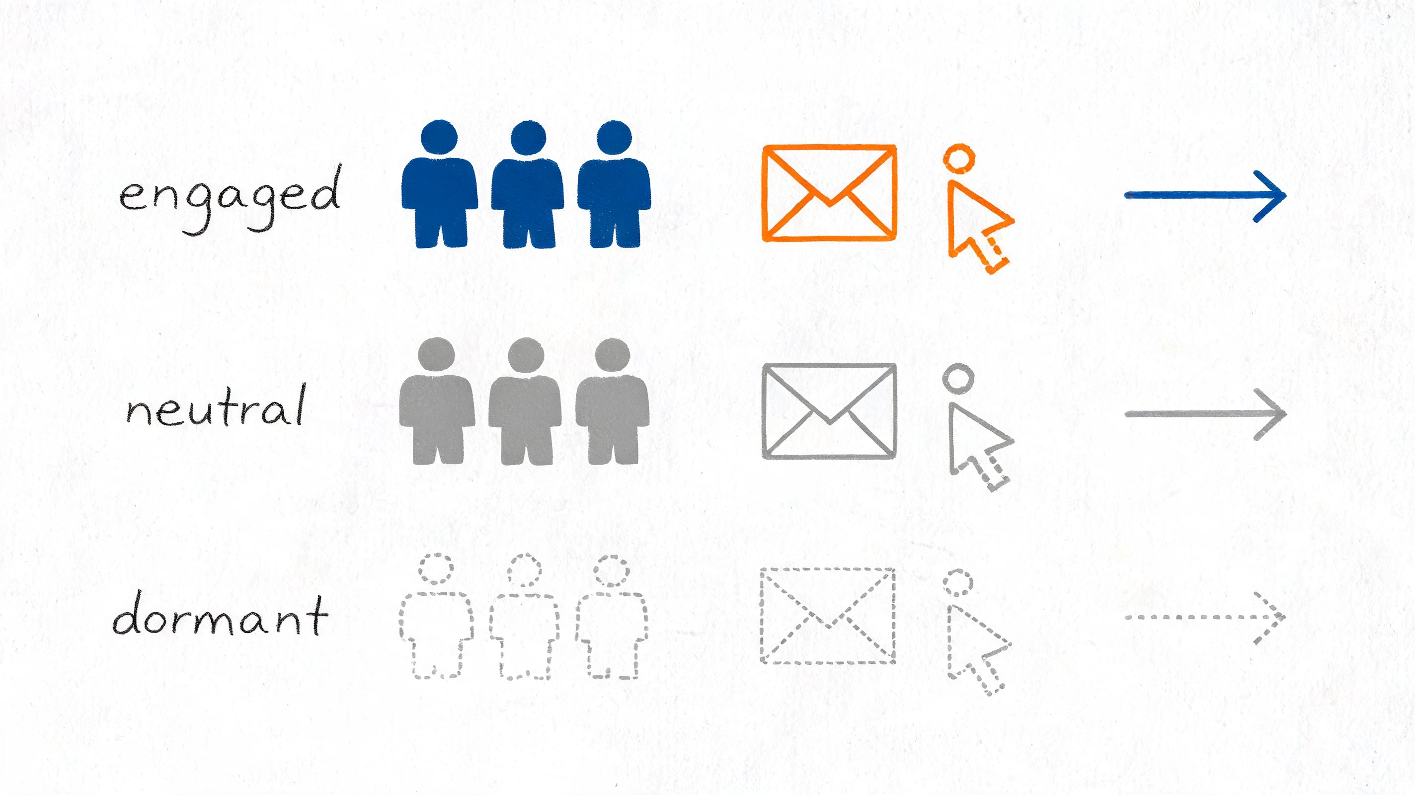 A diagram categorizing email users into three groups: engaged, neutral, and dormant using icons for people and mail.