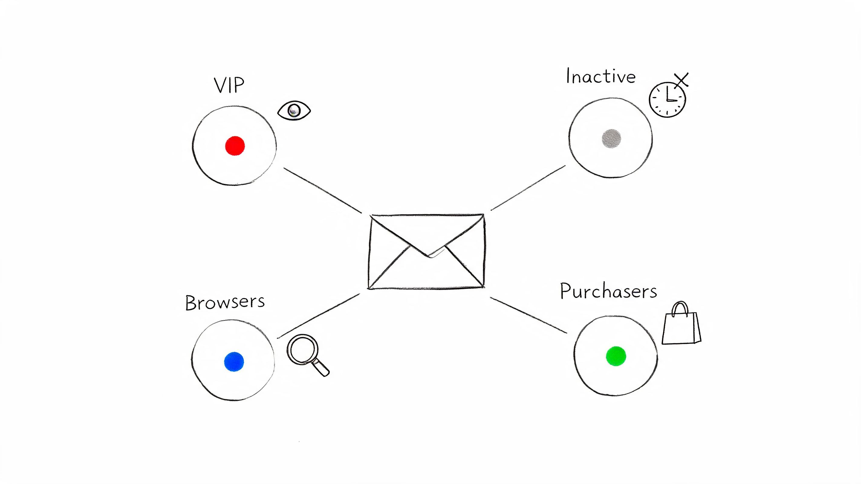 A diagram illustrating email list segmentation for VIPs, inactive users, browsers, and purchasers around an email icon.