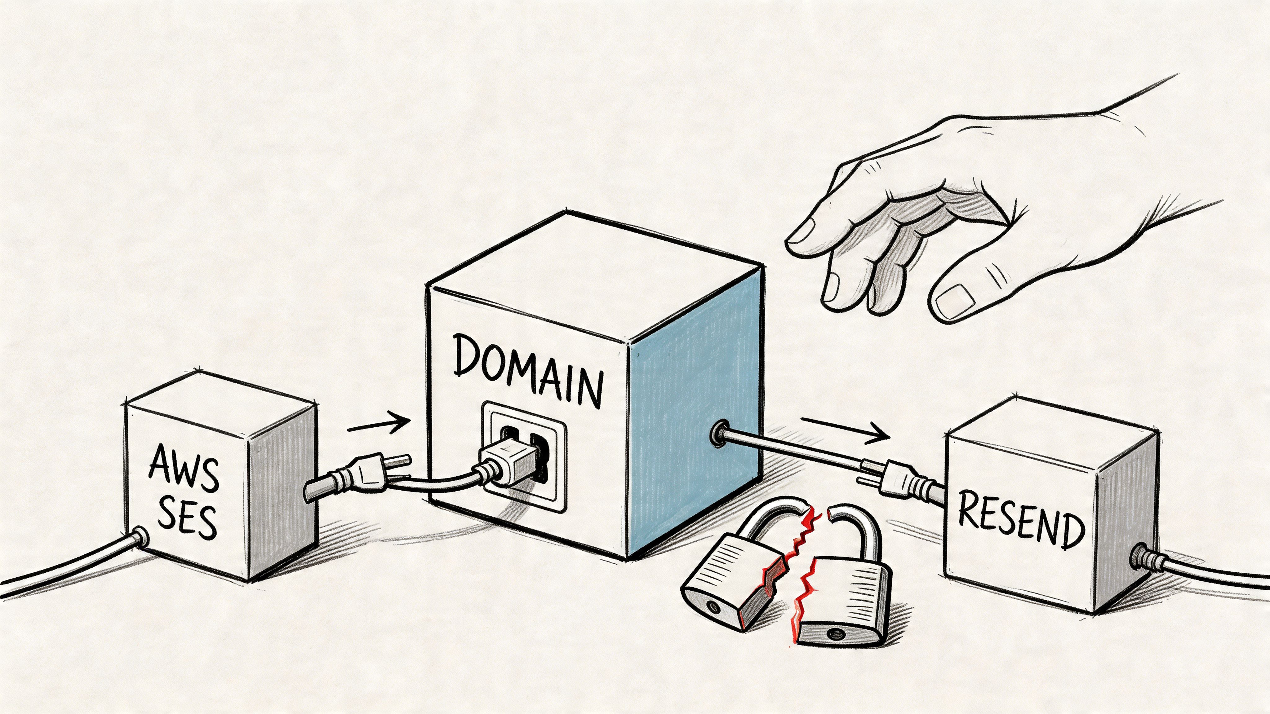 A conceptual drawing showing AWS SES and Resend connecting to a central domain block with a broken lock.