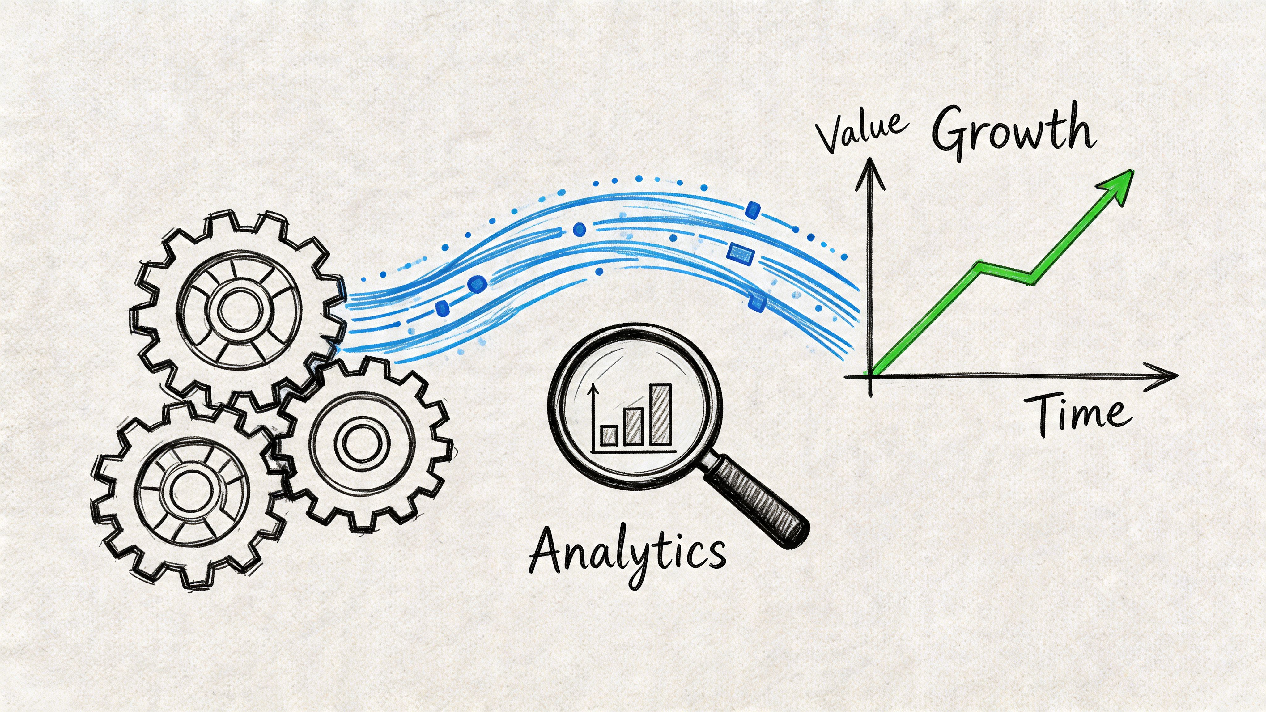 A hand-drawn illustration showing gears connected to data flow, analytics, and a rising growth chart over time.