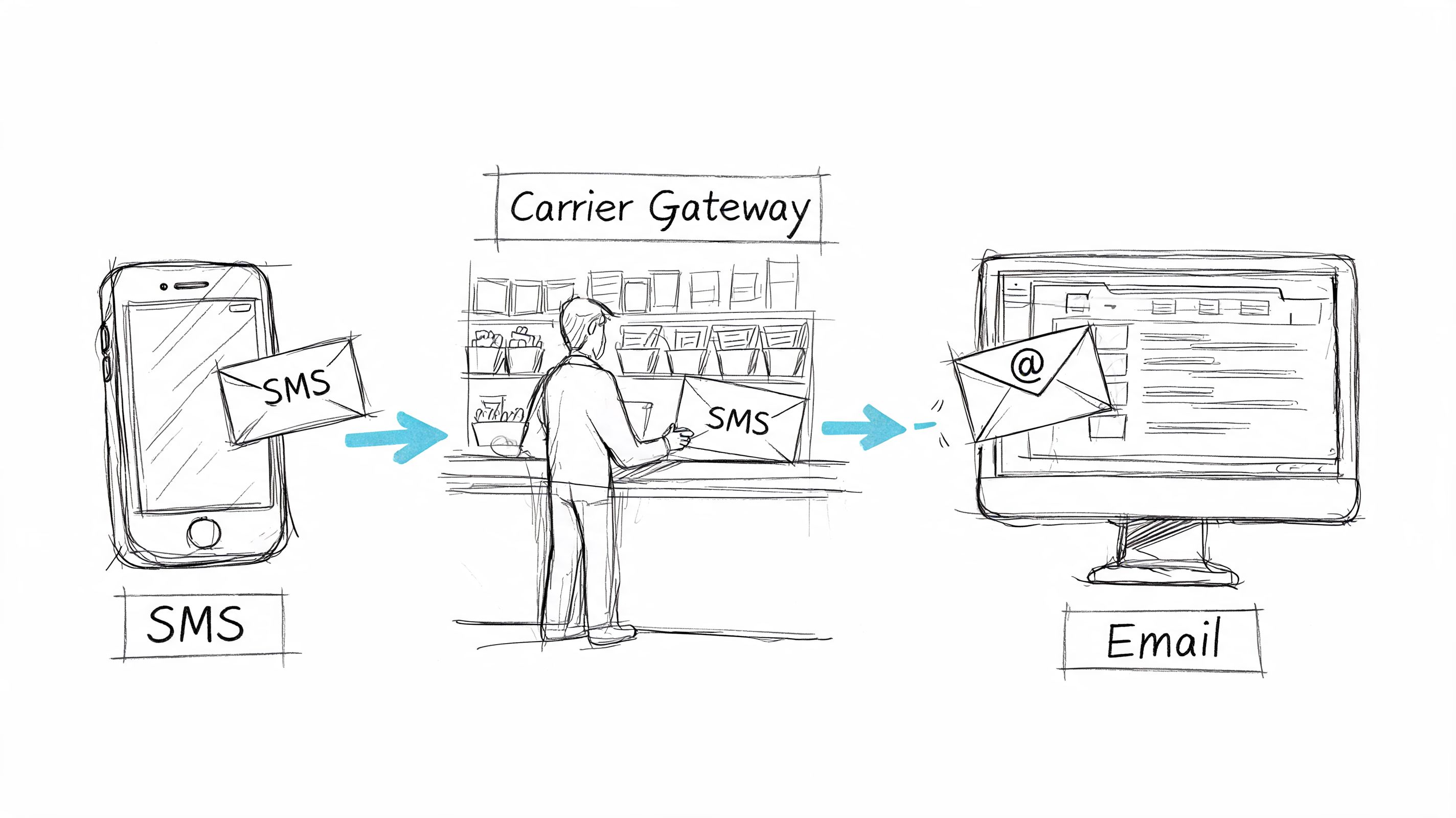 A hand-drawn illustration showing an SMS message being sent through a carrier gateway and received as email.