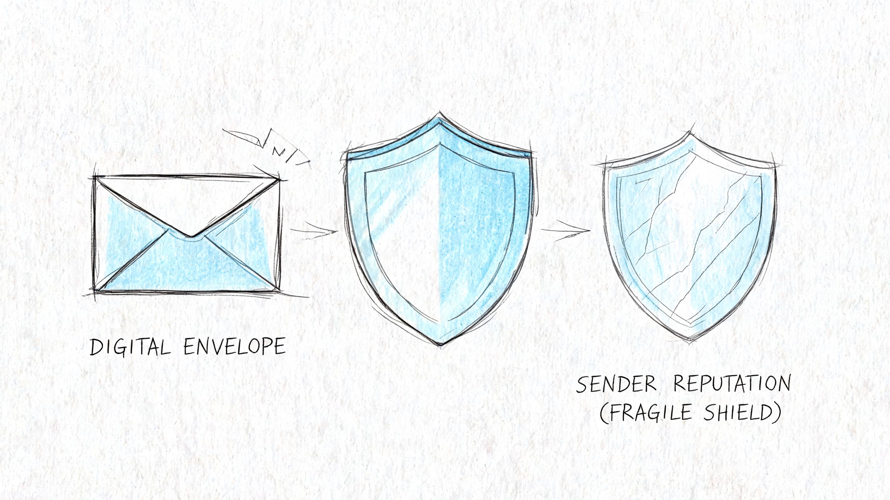 A conceptual sketch showing a digital envelope protected by a shield that turns into a fragile, cracked shield.