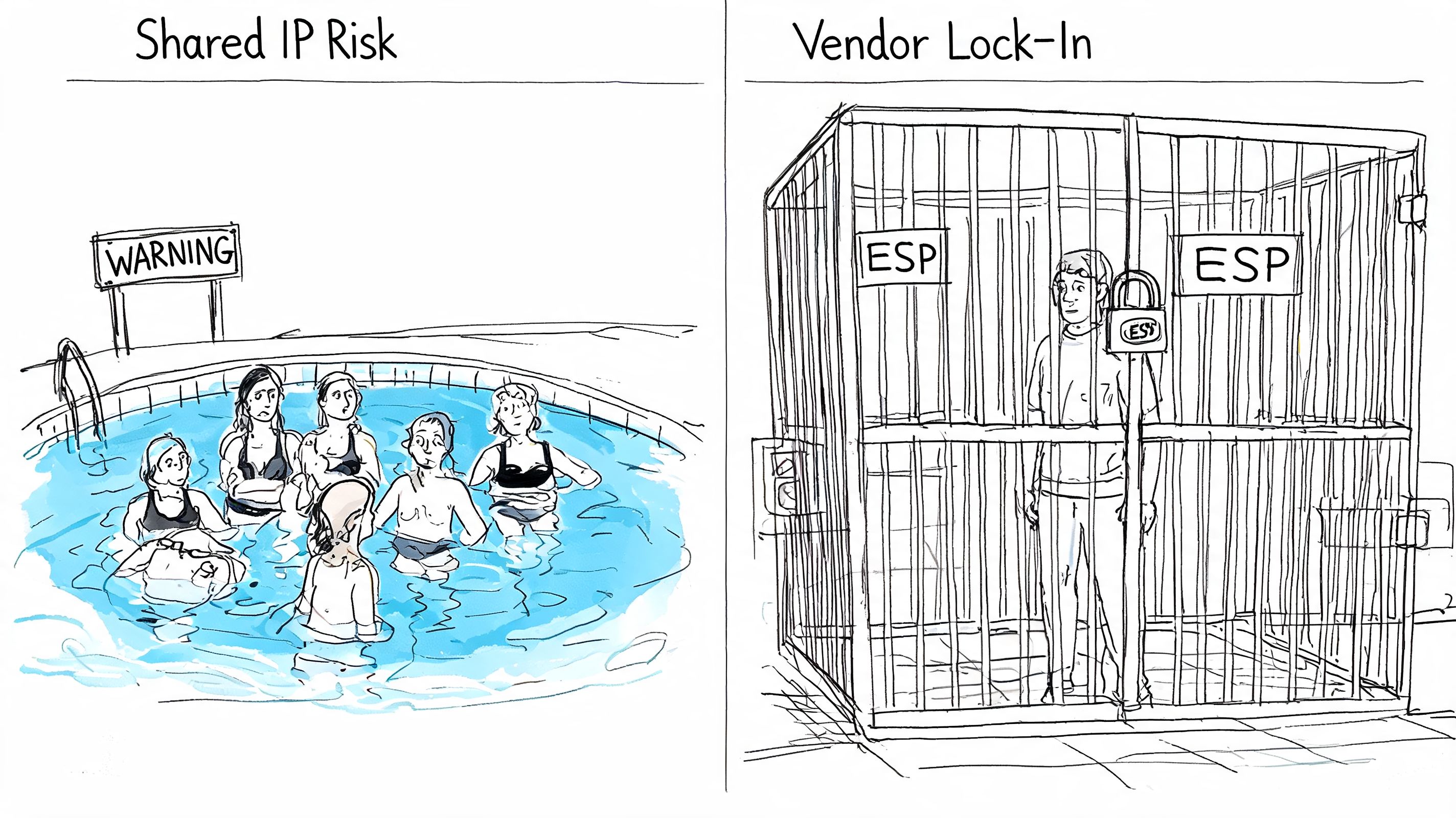 A split image illustrating shared IP risk in a swimming pool and vendor lock-in with a cage.