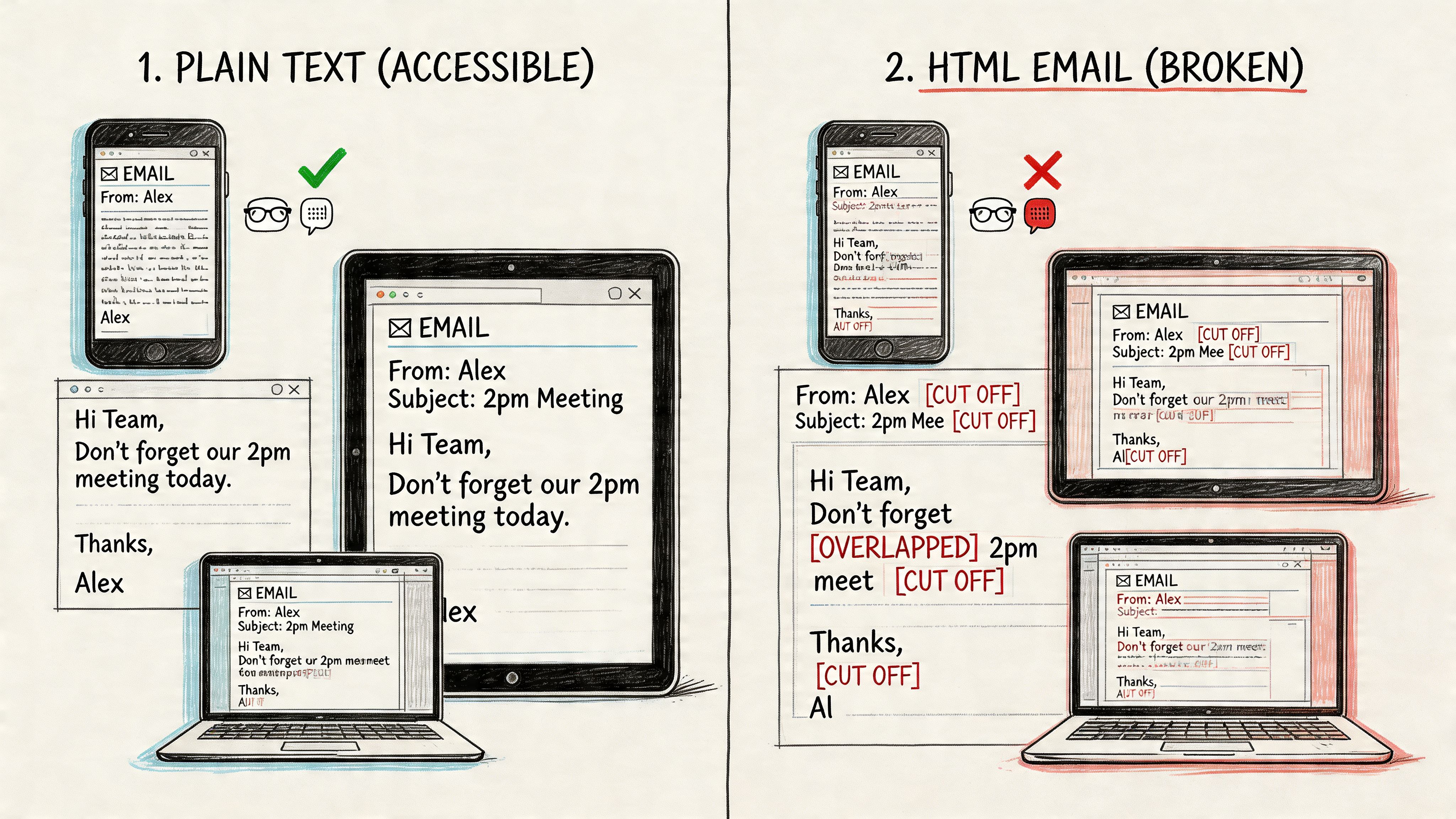 A comparison illustration showing plain text emails as accessible versus broken HTML emails on multiple devices.