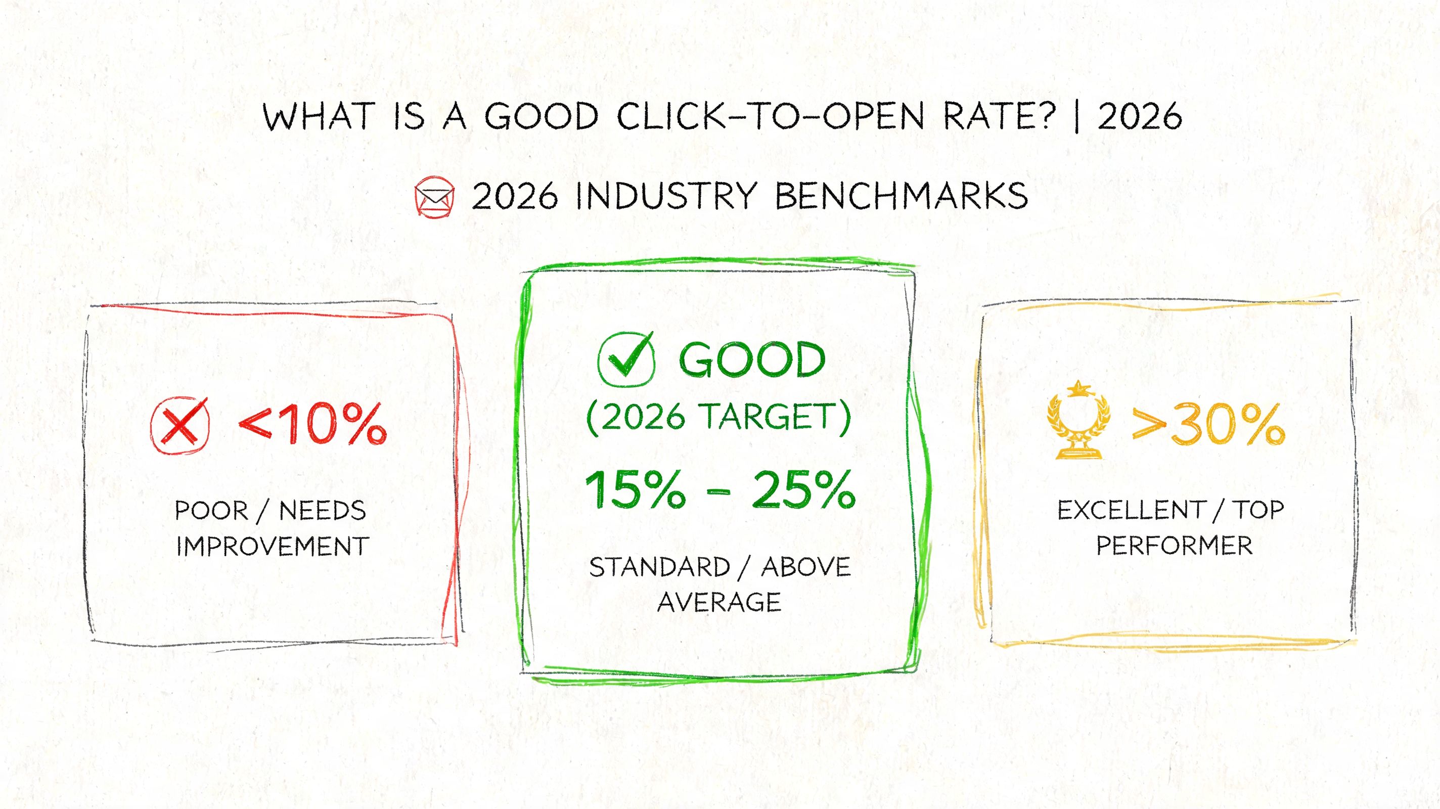 A 2026 industry benchmark chart showing poor, good, and excellent email click-to-open rate performance percentages.