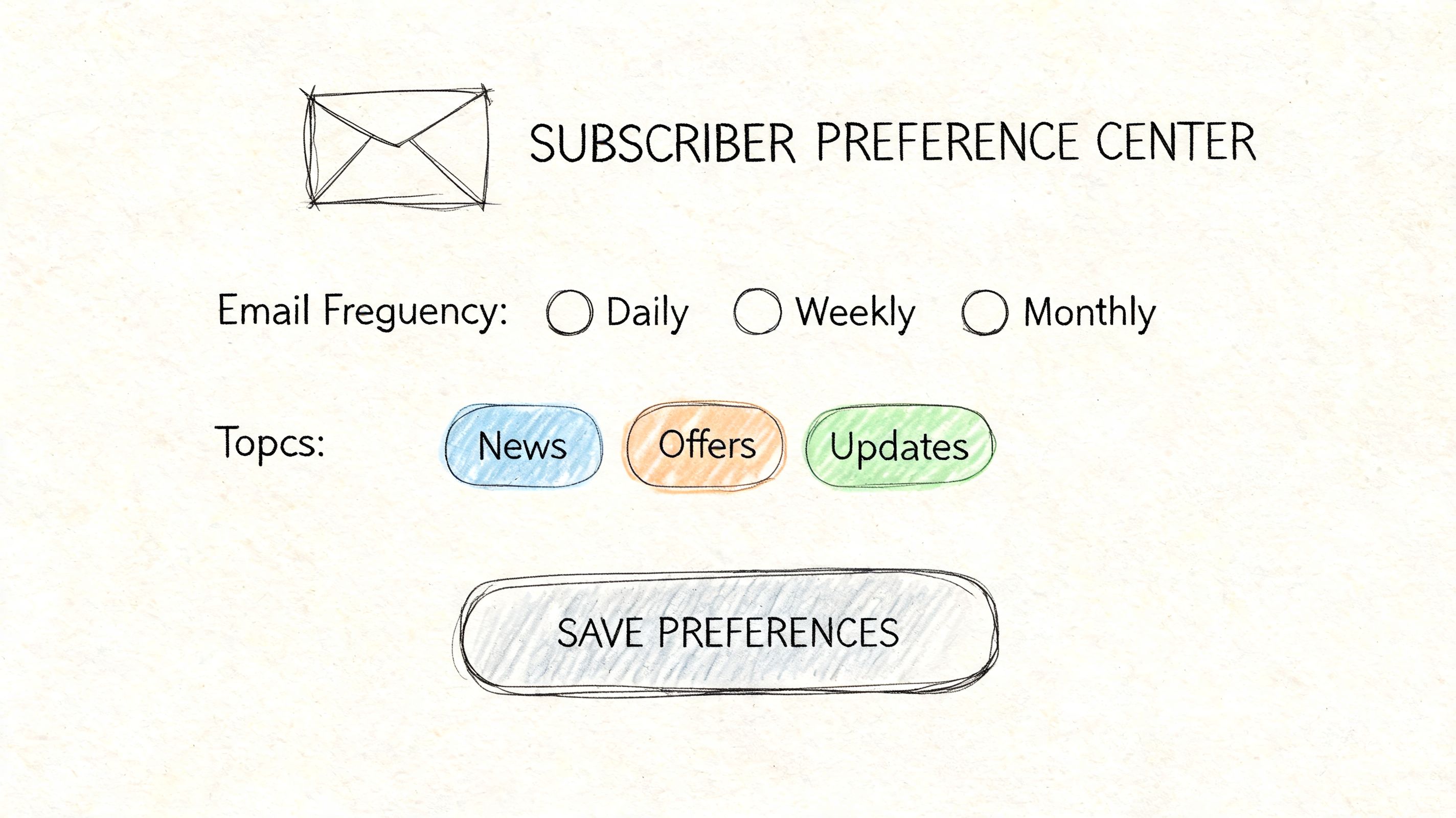 A hand-drawn sketch of a subscriber preference center form with options for email frequency and topics.