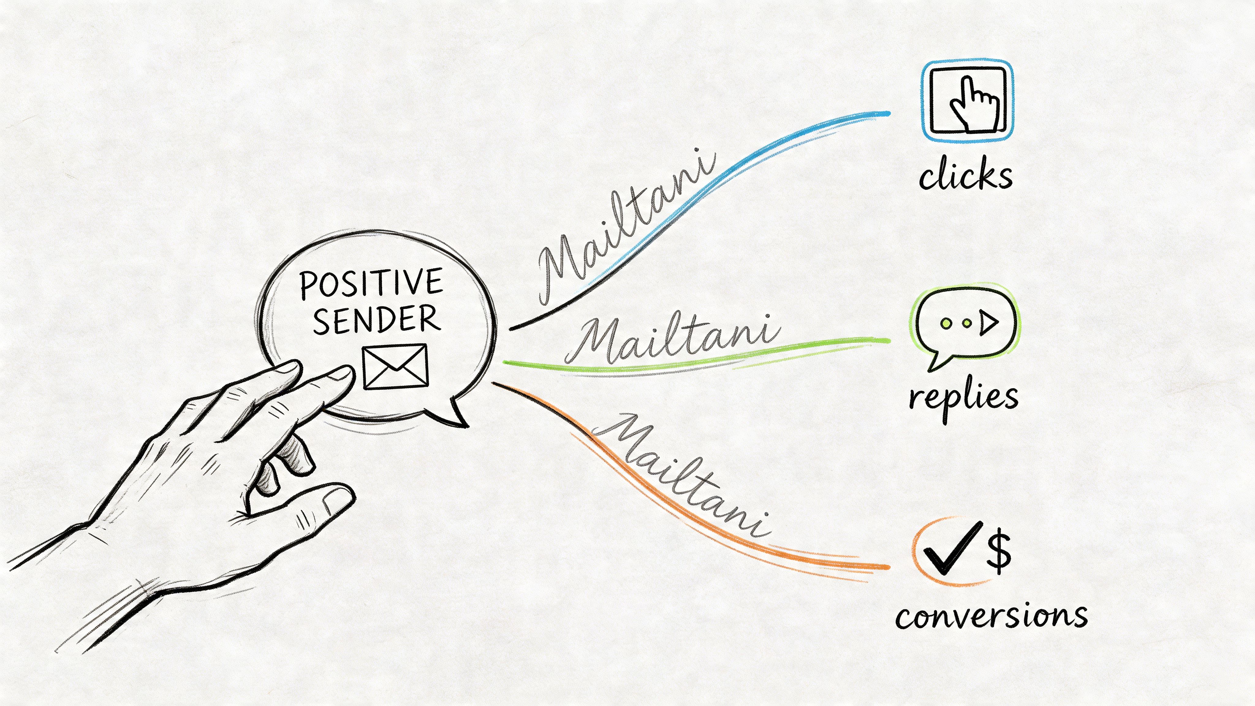 A hand touching a bubble labeled Positive Sender, showing paths leading to clicks, replies, and conversions.