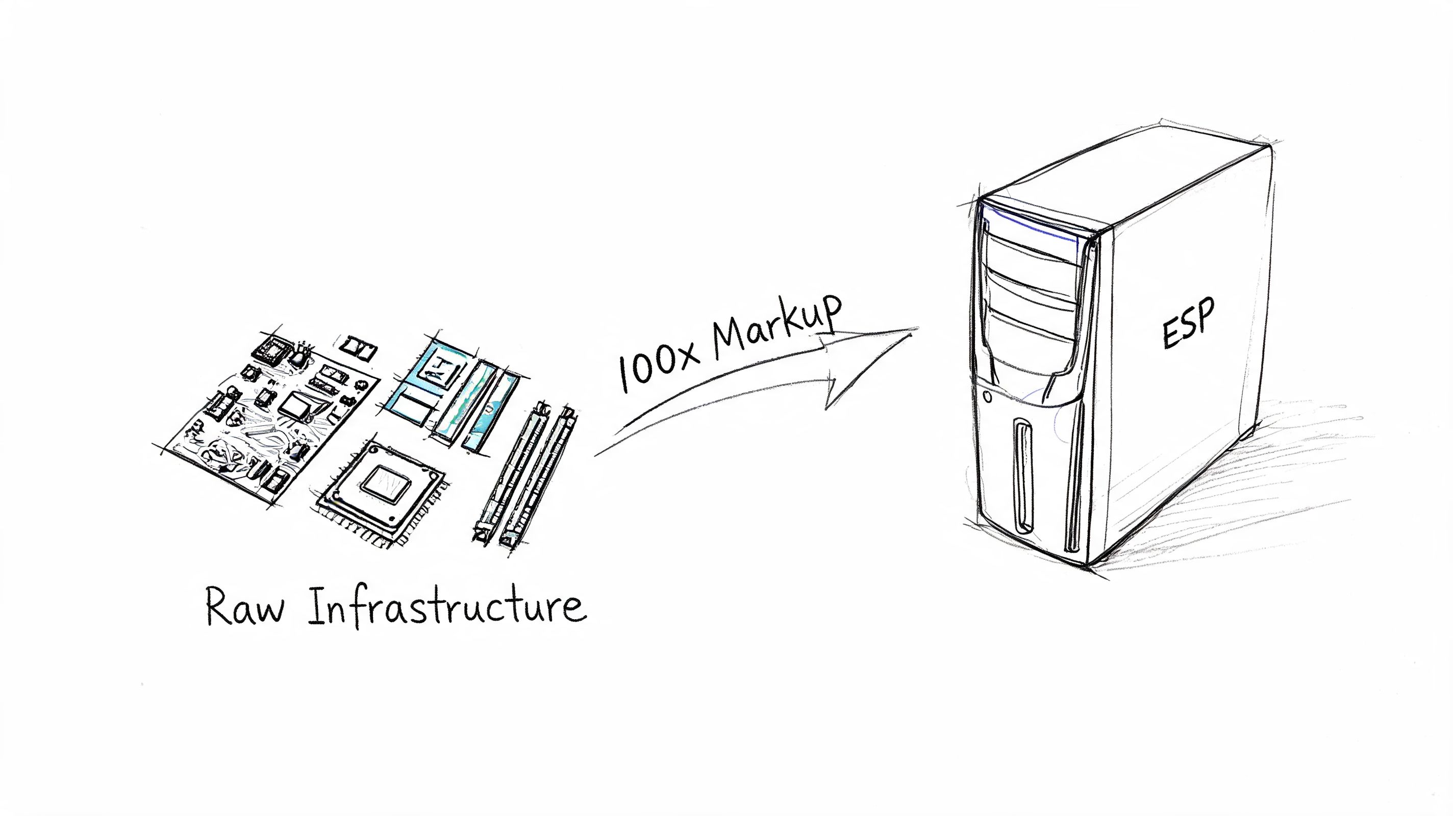 A conceptual sketch illustrating how raw computer infrastructure undergoes a 100x markup to become an ESP server.