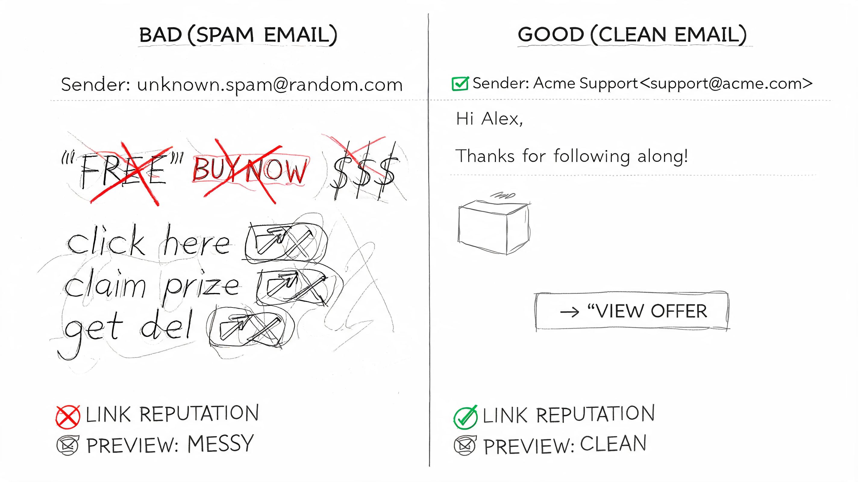 A comparison showing the difference between a spam email and a clean email for better deliverability.