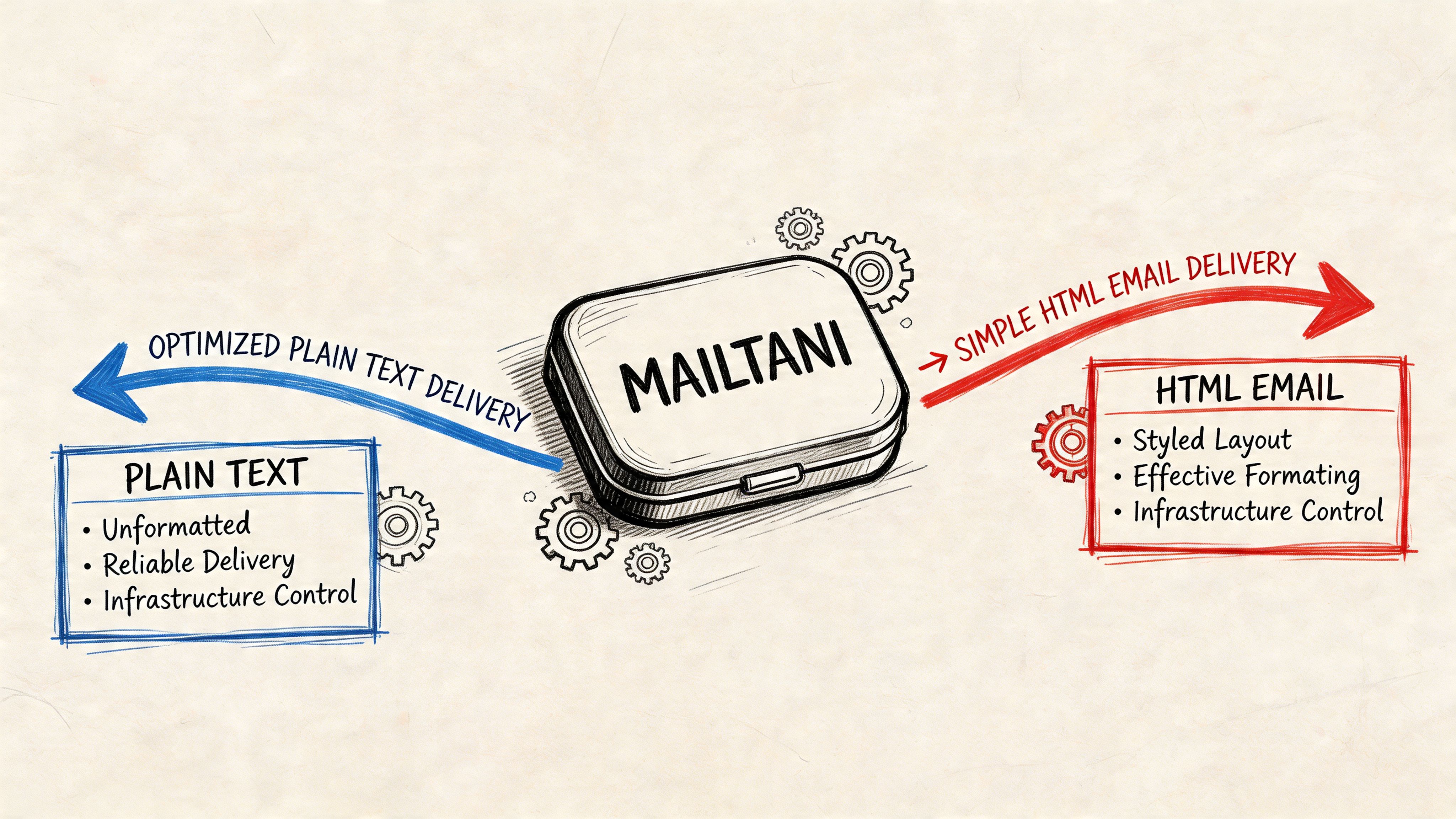 A hand-drawn illustration showing Mailtani offering both optimized plain text and simple HTML email delivery solutions.