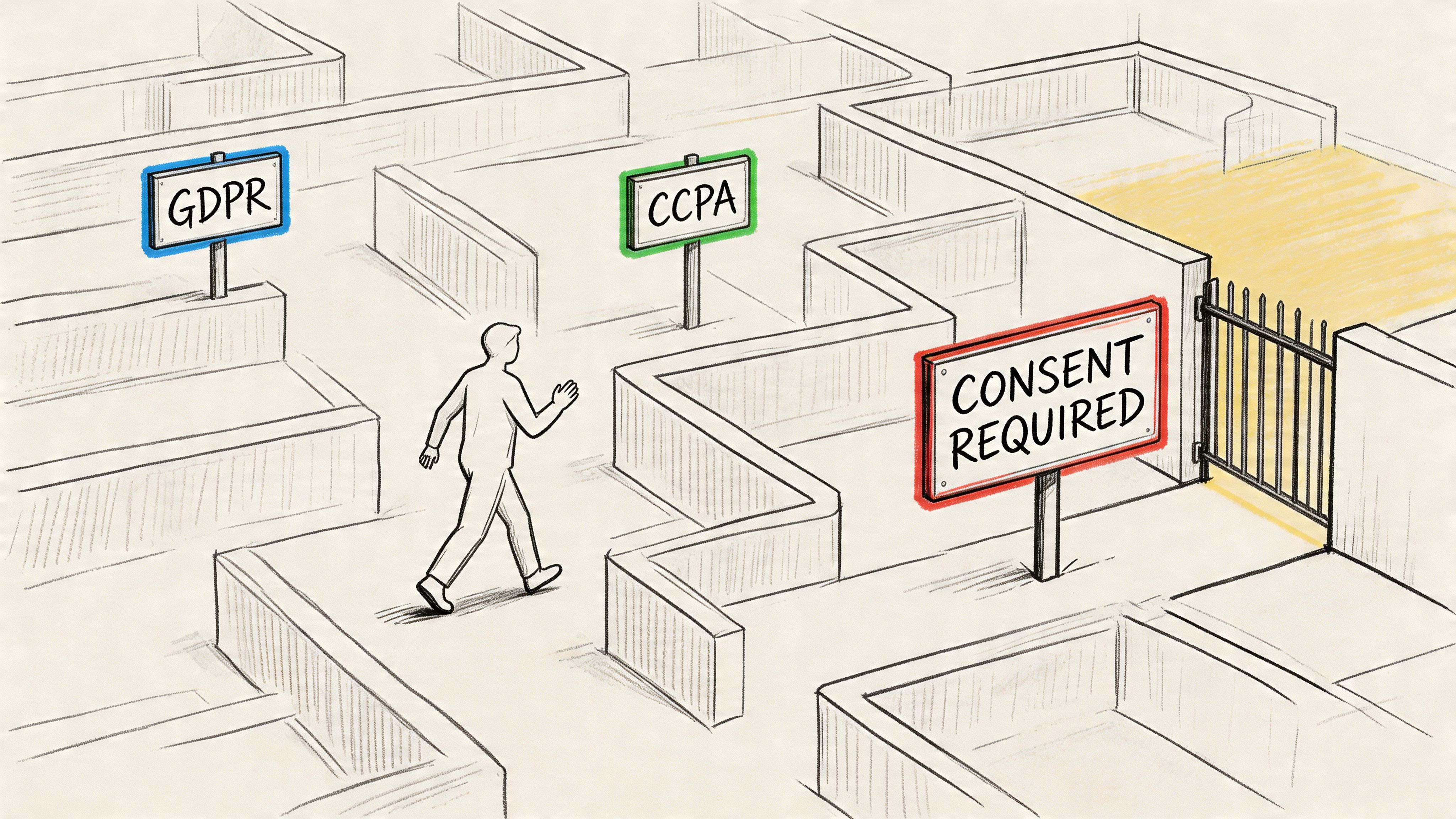 A person navigating a maze with signs for GDPR and CCPA leading to a consent required gate.