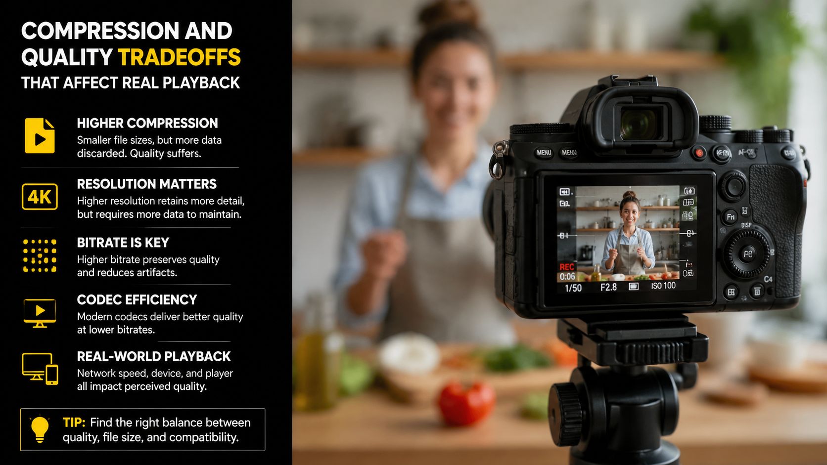 An infographic showing compression and quality tradeoffs for video production with a camera recording a person cooking.