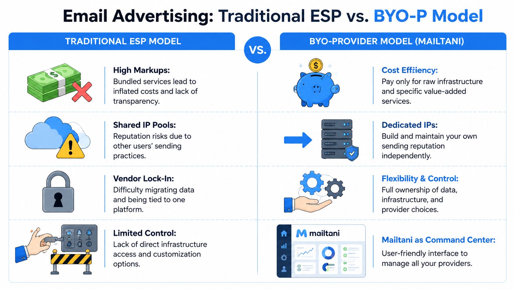 A comparison chart showing the differences between traditional email service provider models and the BYO-provider model.
