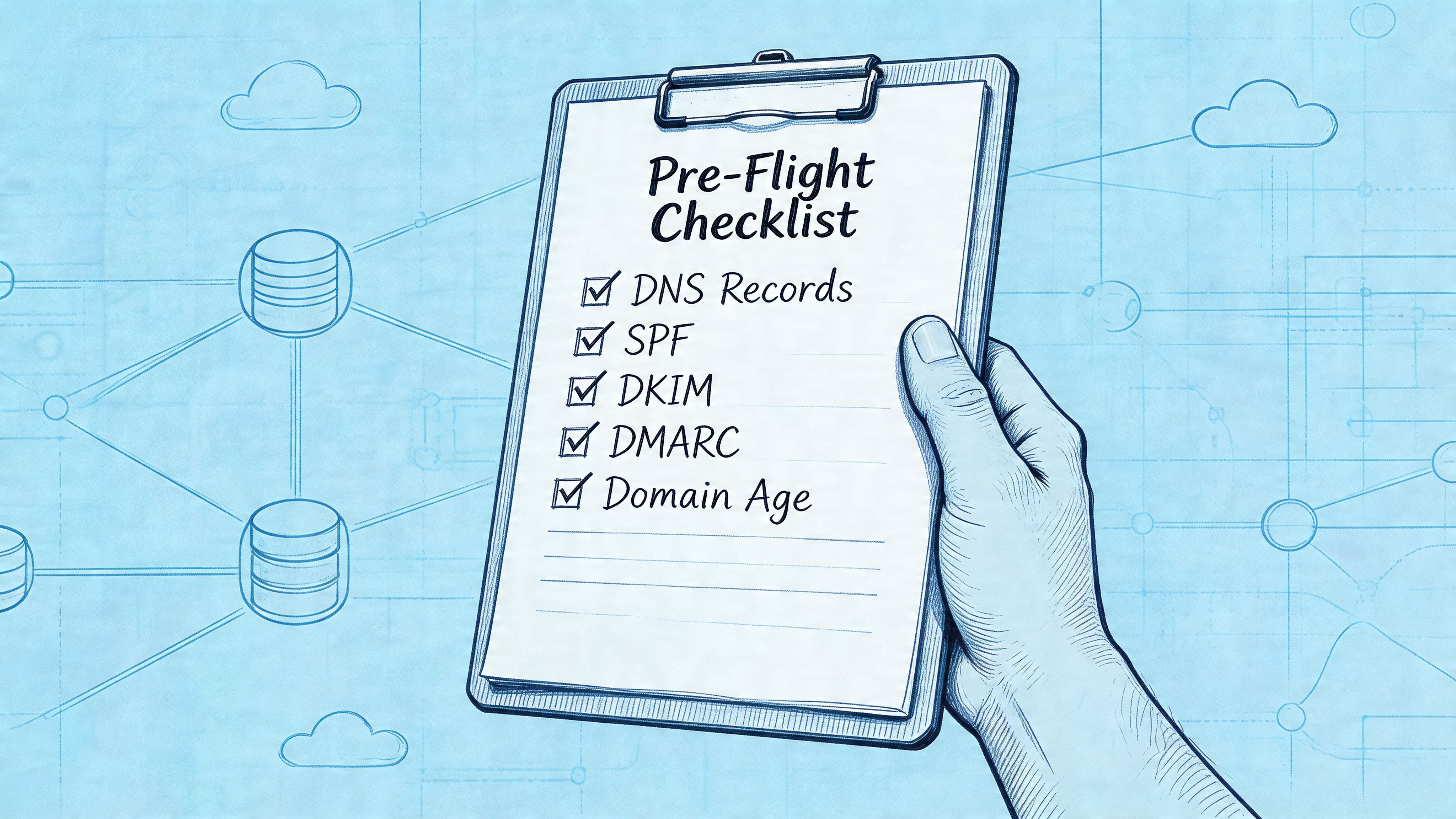 A hand holding a clipboard with a pre-flight checklist for email authentication protocols like DNS, SPF, DKIM, and DMARC.