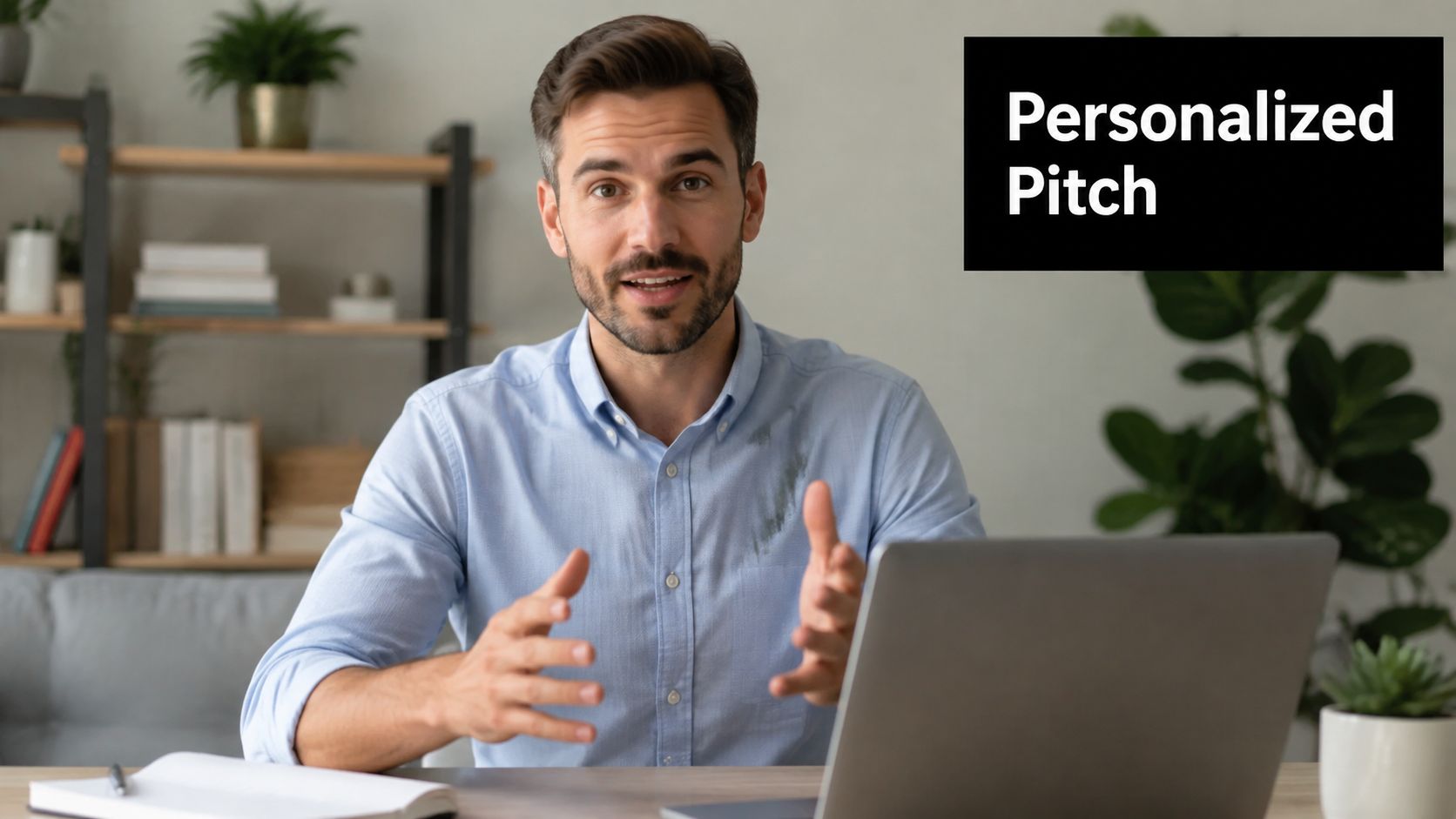 A professional man in a blue shirt talking to a camera for his personalized video marketing pitch.