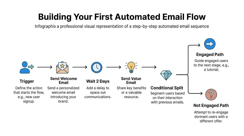 A visual flow chart illustrating the steps to build an automated email marketing sequence for users.