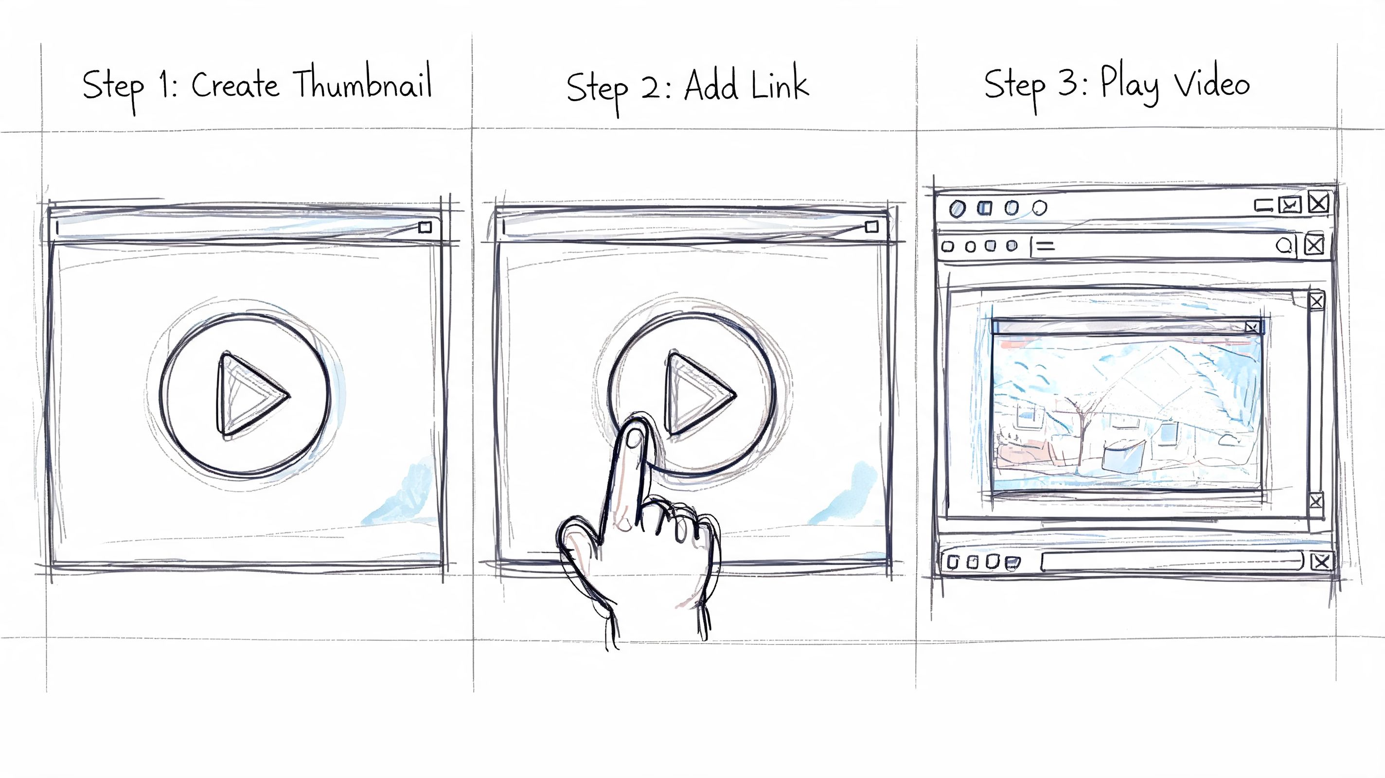 A three-step diagram illustrating the process of creating, linking, and playing an embedded video email.