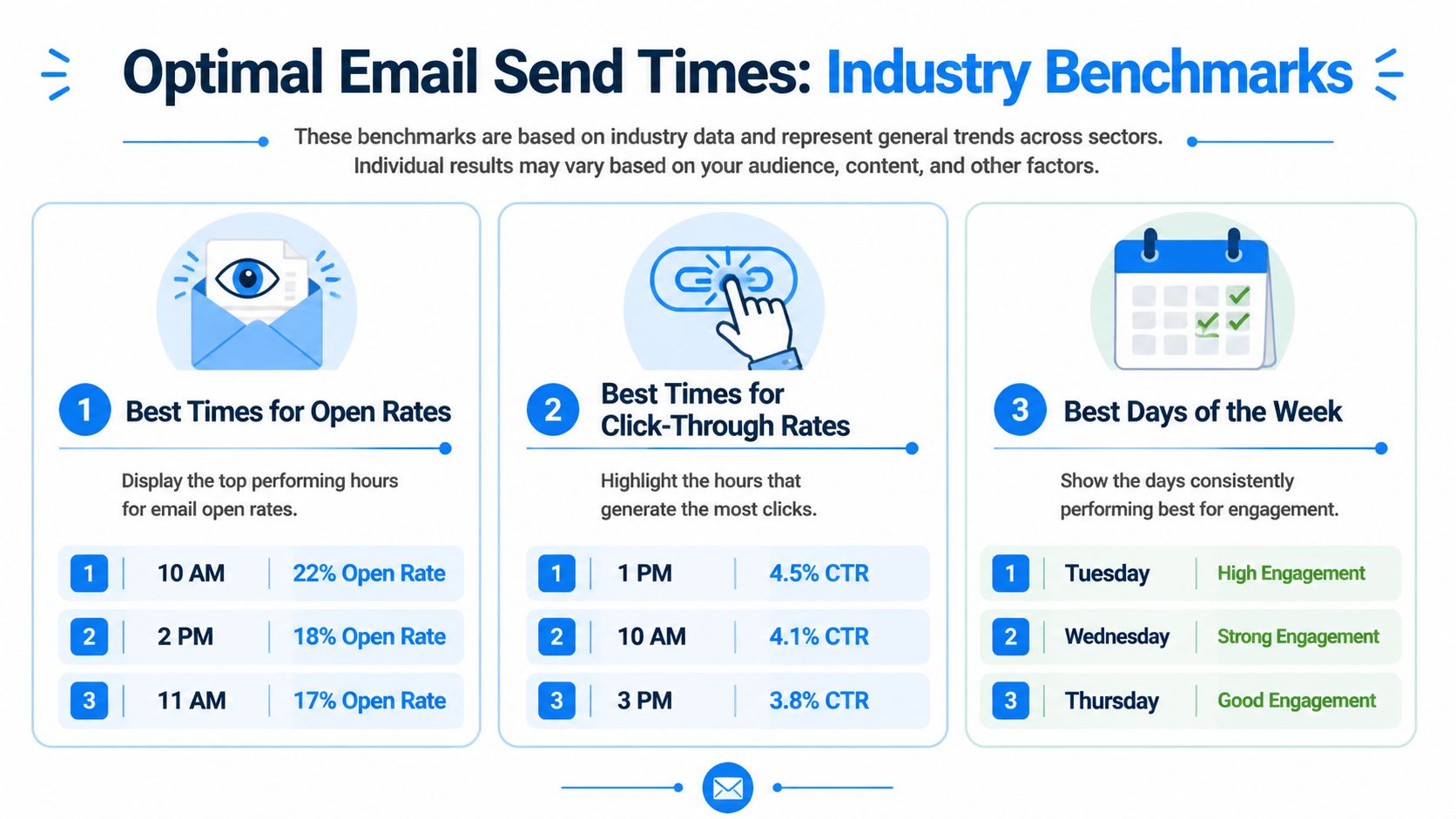 An infographic showing optimal email send times, including open rates, click-through rates, and best days of the week.