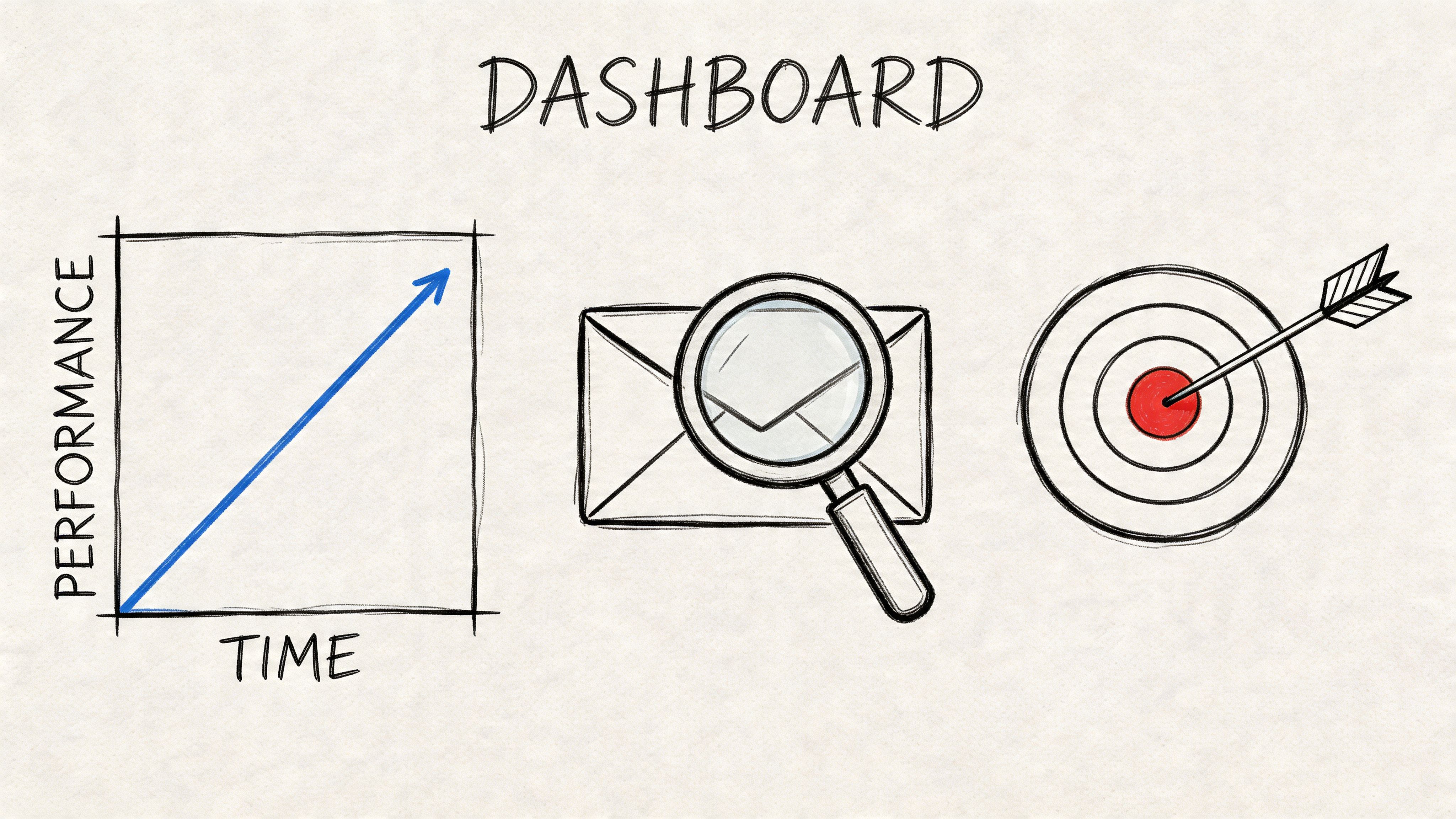 A hand-drawn business dashboard sketch featuring a performance graph, an email icon with a magnifying glass, and a target.
