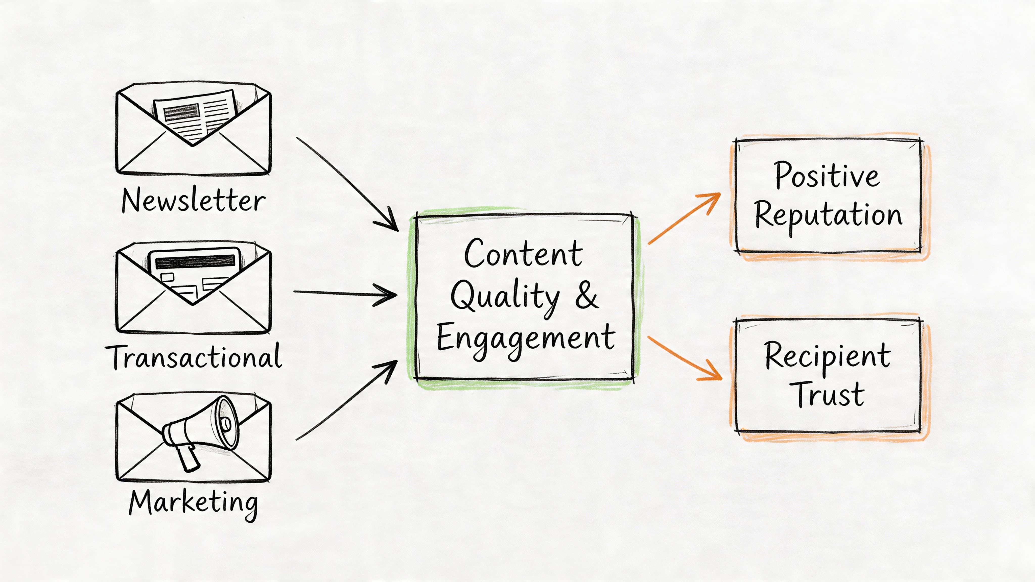 A diagram illustrating how newsletters, transactional, and marketing emails lead to content quality and recipient trust.