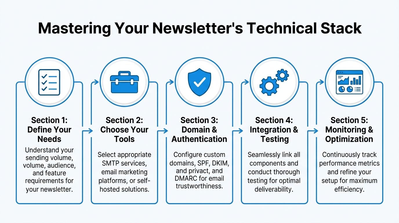 A five-step workflow diagram illustrating the essential stages for setting up a professional email newsletter technical stack.