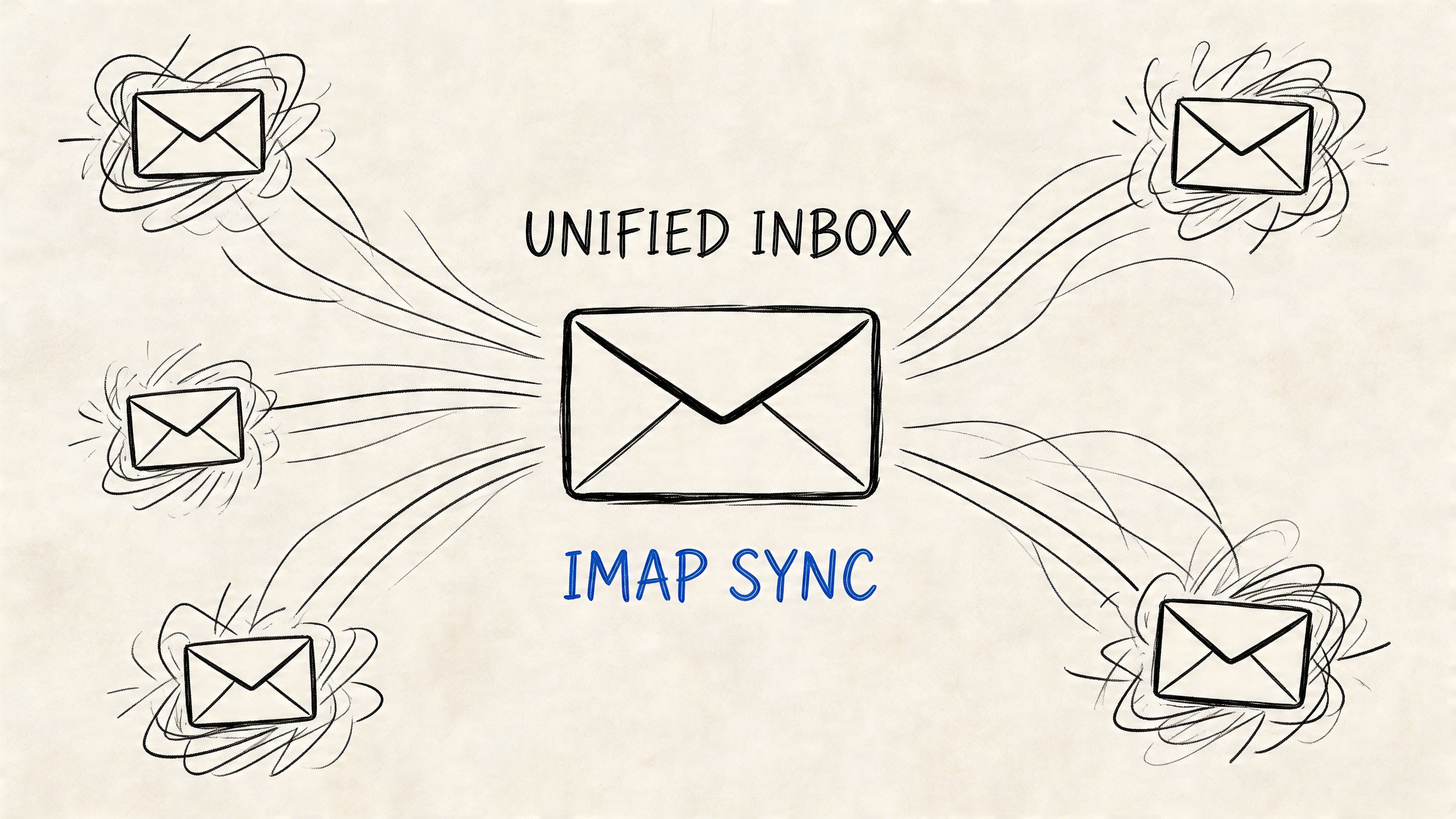 A hand-drawn illustration showing multiple email icons syncing into a central unified inbox via IMAP.