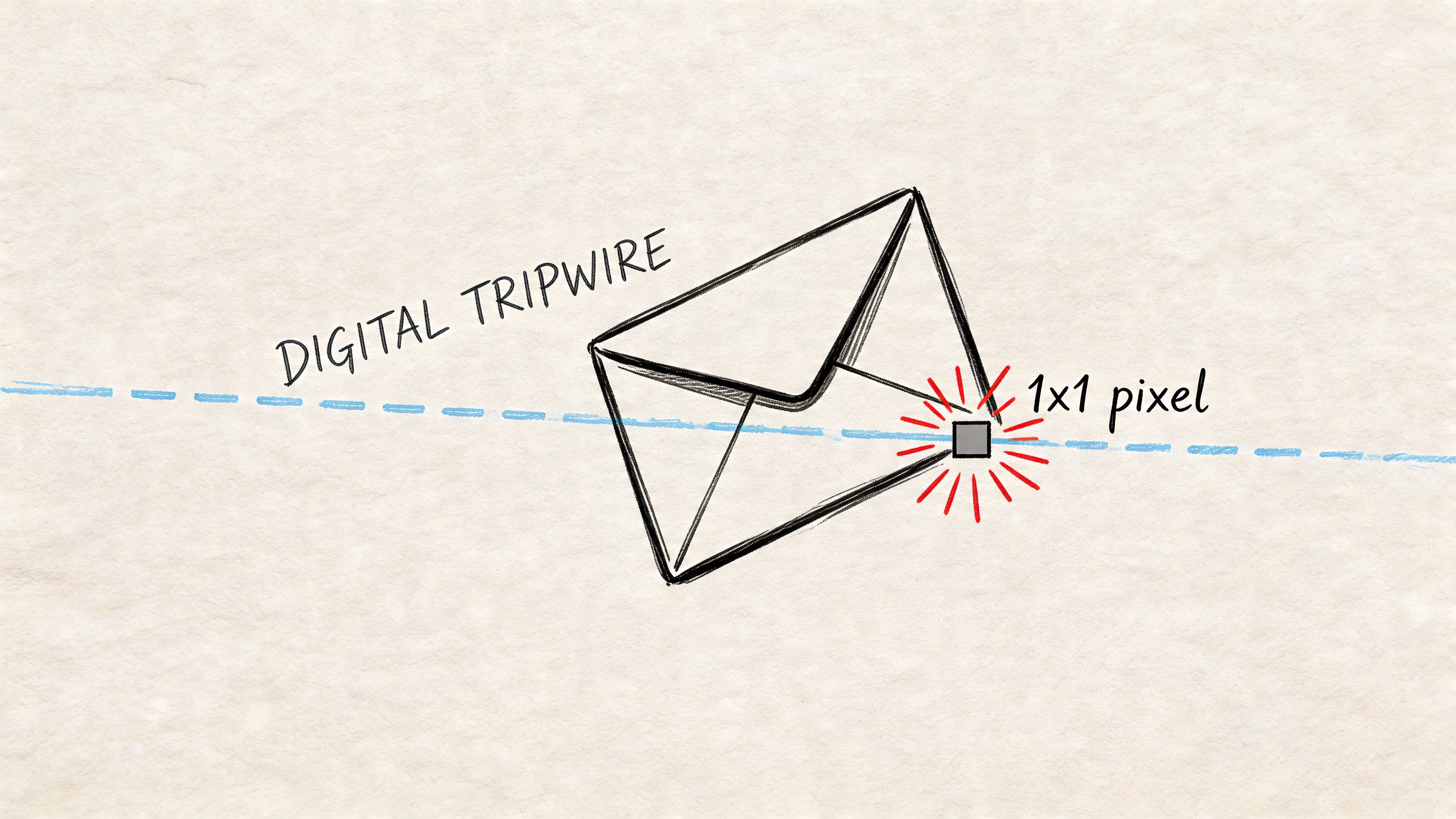 A conceptual illustration of a digital email tracking pixel acting as a tripwire to monitor open rates.