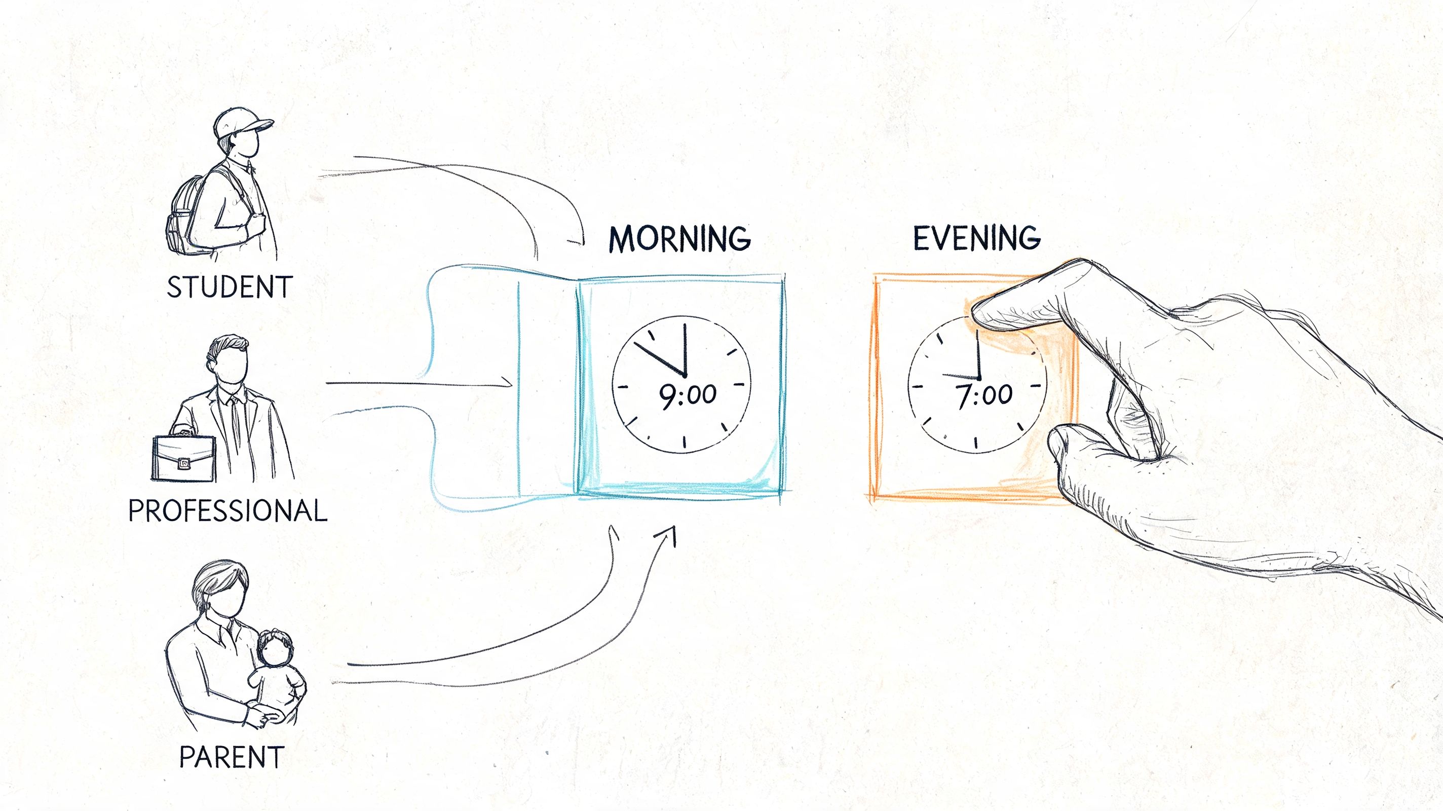 A hand selecting an evening time on a digital interface for diverse people like students and professionals.