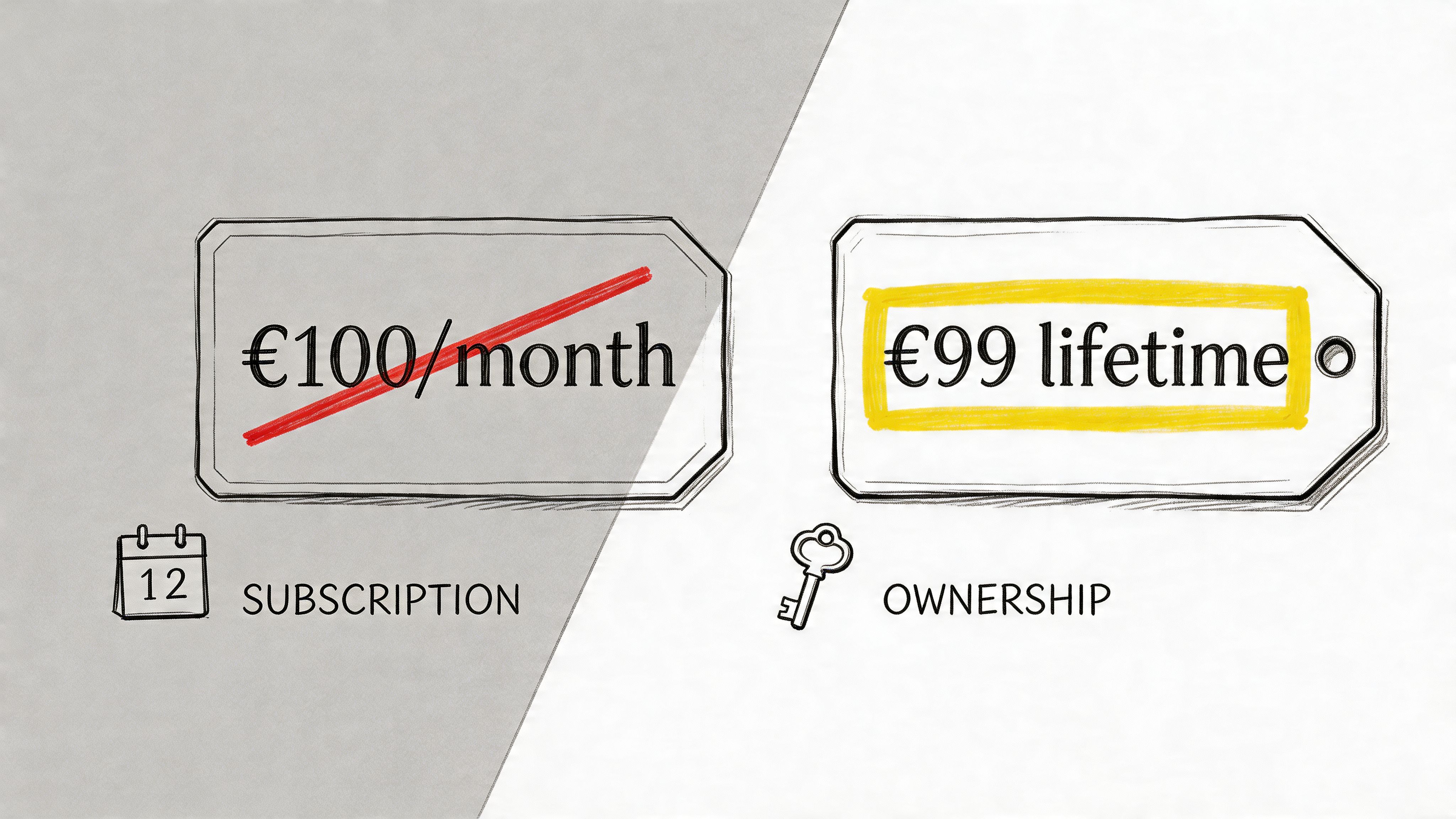 A comparison showing a crossed-out monthly subscription fee of 100 Euros versus a 99 Euro lifetime ownership.