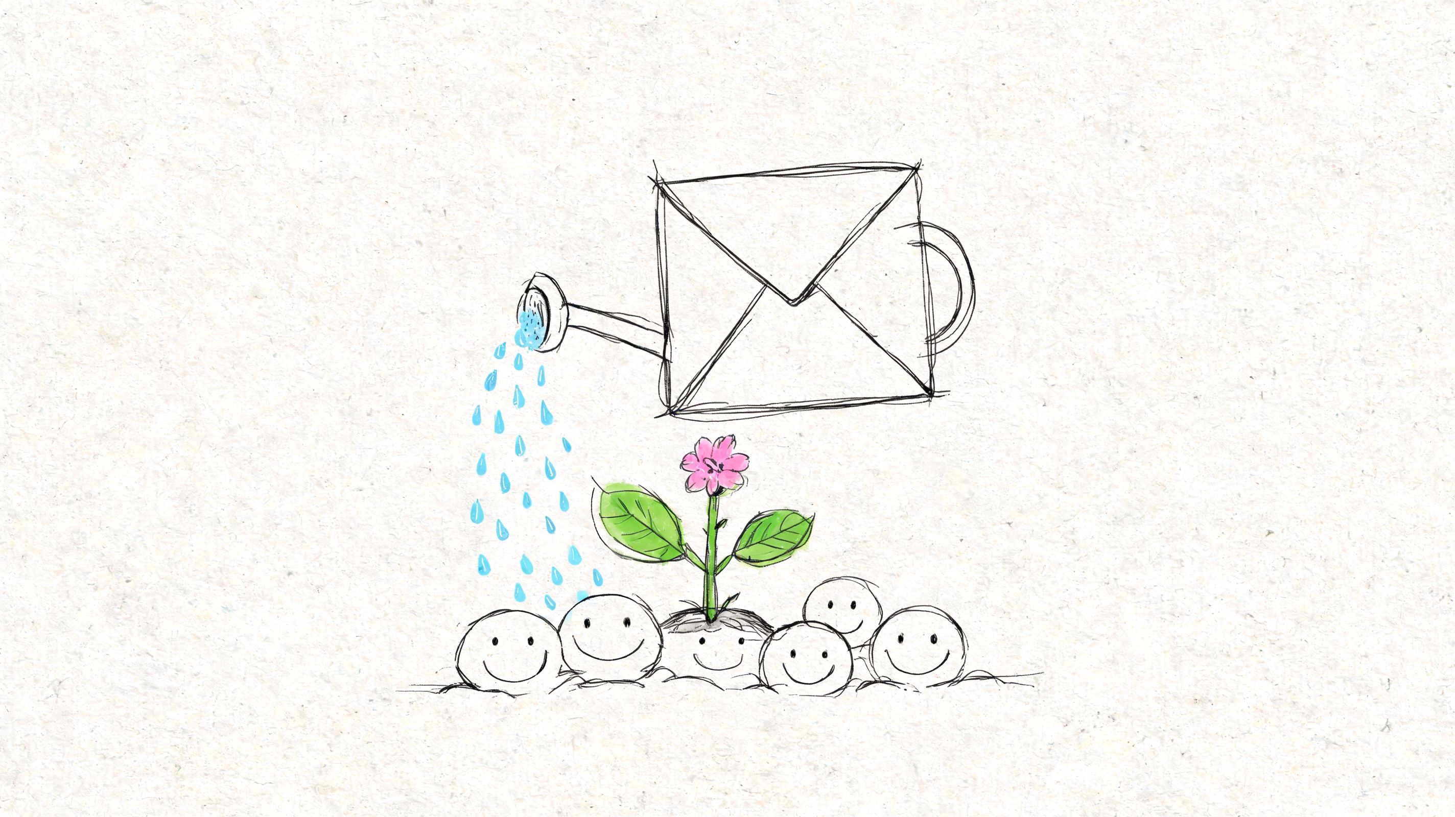 A hand-drawn illustration of an envelope-shaped watering can nourishing a small flower growing from smiling faces.