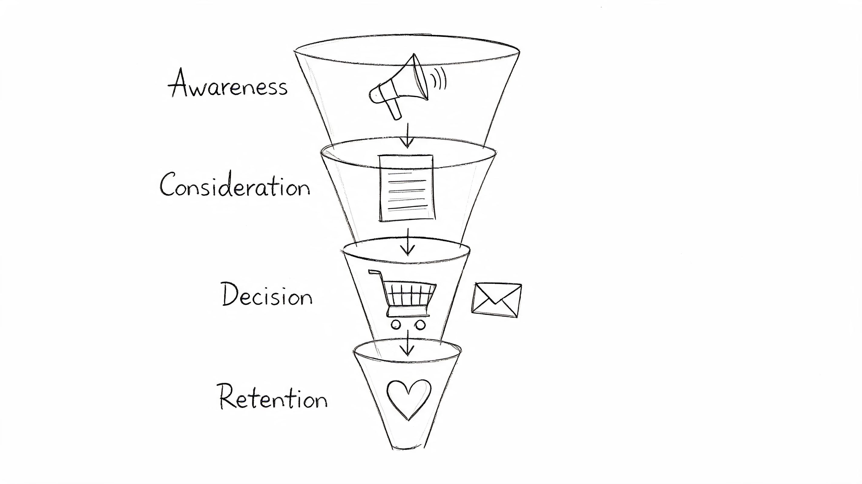 A hand-drawn sales funnel diagram illustrating the marketing stages of awareness, consideration, decision, and customer retention.