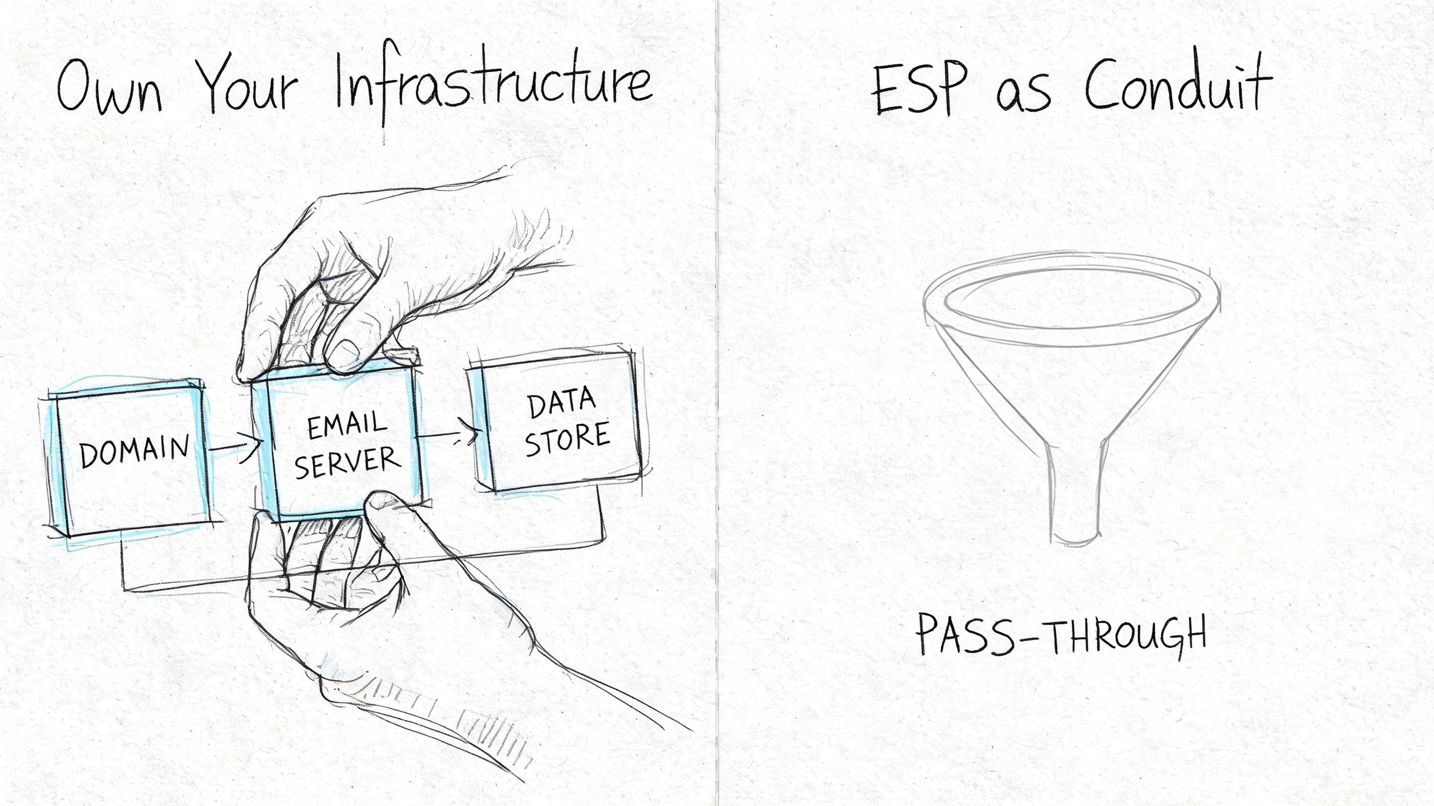 A hand-drawn sketch comparing self-hosted email infrastructure versus using an email service provider as a pass-through conduit.